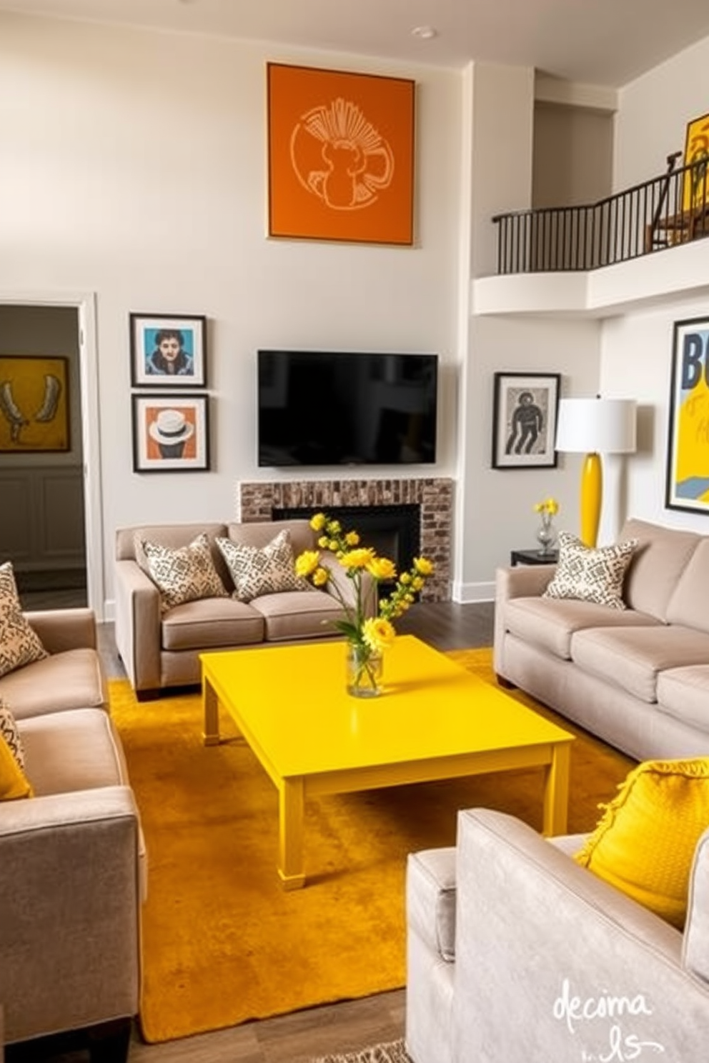 A vibrant yellow coffee table serves as a cheerful focal point in the room. Surrounding it are comfortable seating options in neutral tones, creating a lively yet balanced atmosphere. The man cave features a cozy layout with plush seating and bold artwork on the walls. Accents of yellow throughout the space tie the design together, enhancing the cheerful vibe.