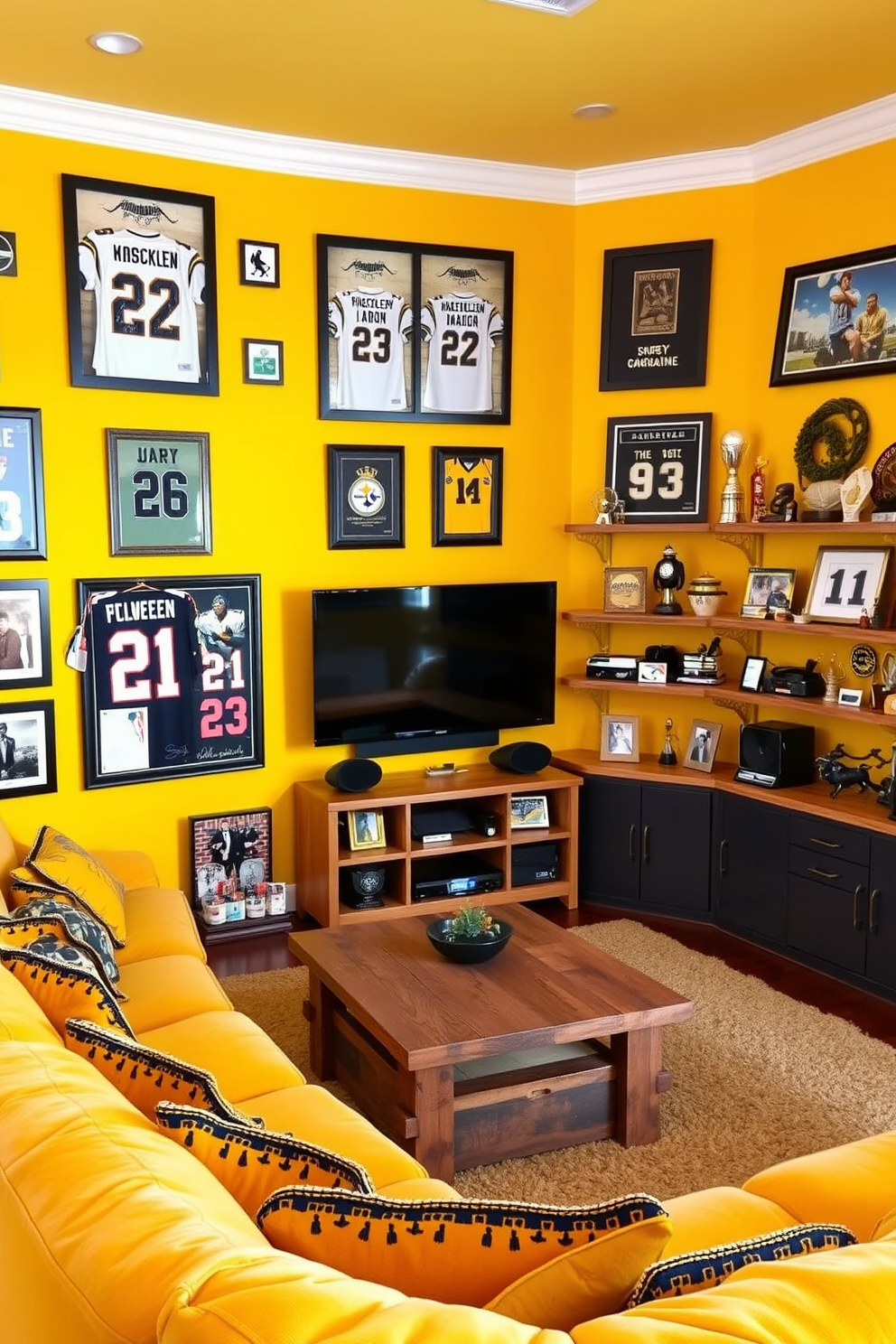 A vibrant man cave adorned with yellow sports memorabilia showcasing team spirit. The walls are painted in a bold yellow hue, featuring framed jerseys and signed photographs of legendary players. Comfortable seating includes a plush yellow sectional sofa, complemented by a coffee table made from reclaimed wood. A wall-mounted flat-screen TV is positioned for optimal viewing, surrounded by shelves filled with collectibles and trophies.