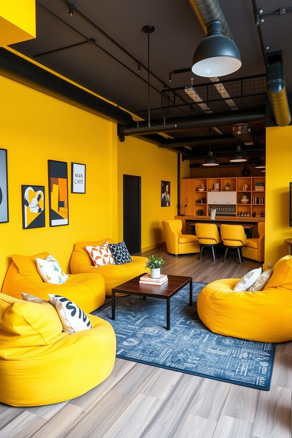 A cozy corner features vibrant yellow bean bags arranged for casual seating, inviting relaxation and comfort. The space is accented with playful cushions and a low coffee table, creating an informal gathering area. The man cave is designed with a bold yellow theme, incorporating plush seating and stylish decor elements. Industrial lighting fixtures and a large entertainment center complete the look, making it the perfect retreat for leisure and entertainment.