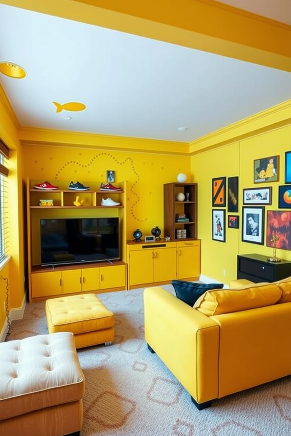 A vibrant yellow dartboard is mounted on a rustic wooden wall, surrounded by framed sports memorabilia. Below the dartboard, a cozy seating area features a plush leather couch and a low coffee table made from reclaimed wood. The man cave is designed with a bold yellow color scheme, incorporating industrial-style lighting fixtures and a polished concrete floor. A mini bar with high stools complements the entertainment space, creating an inviting atmosphere for friends and family.