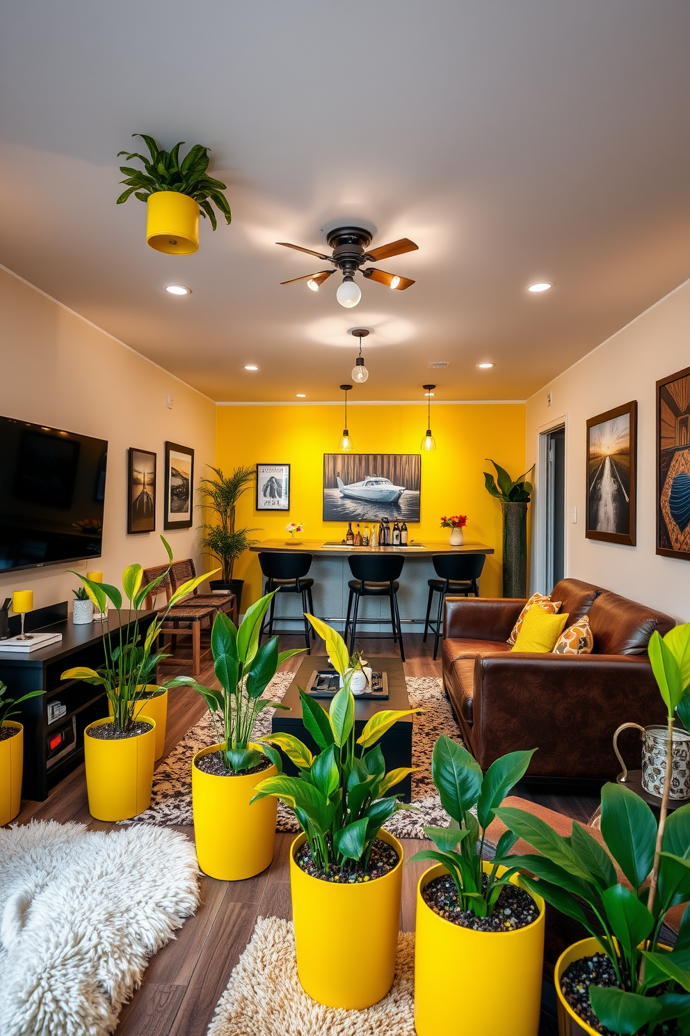 A vibrant man cave featuring yellow plant pots that add a fresh and lively touch to the space. The room is designed with comfortable seating, a large flat-screen TV, and a bar area, creating an inviting atmosphere for relaxation and entertainment. The walls are adorned with artwork that complements the yellow accents, while plush rugs and lighting fixtures enhance the cozy vibe. A mix of textures and materials, including wood and metal, adds depth to the design, making it a perfect retreat for leisure activities.