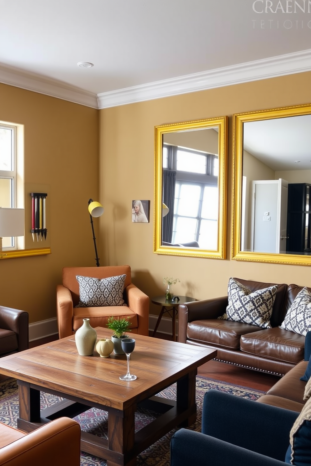 A vibrant man cave featuring yellow artwork that showcases personal hobbies. The walls are adorned with framed pieces representing sports, music, and travel, creating an energetic atmosphere. The space includes a comfortable sectional sofa in a complementary gray tone. A sleek coffee table sits in the center, surrounded by plush rugs that tie the yellow accents together.