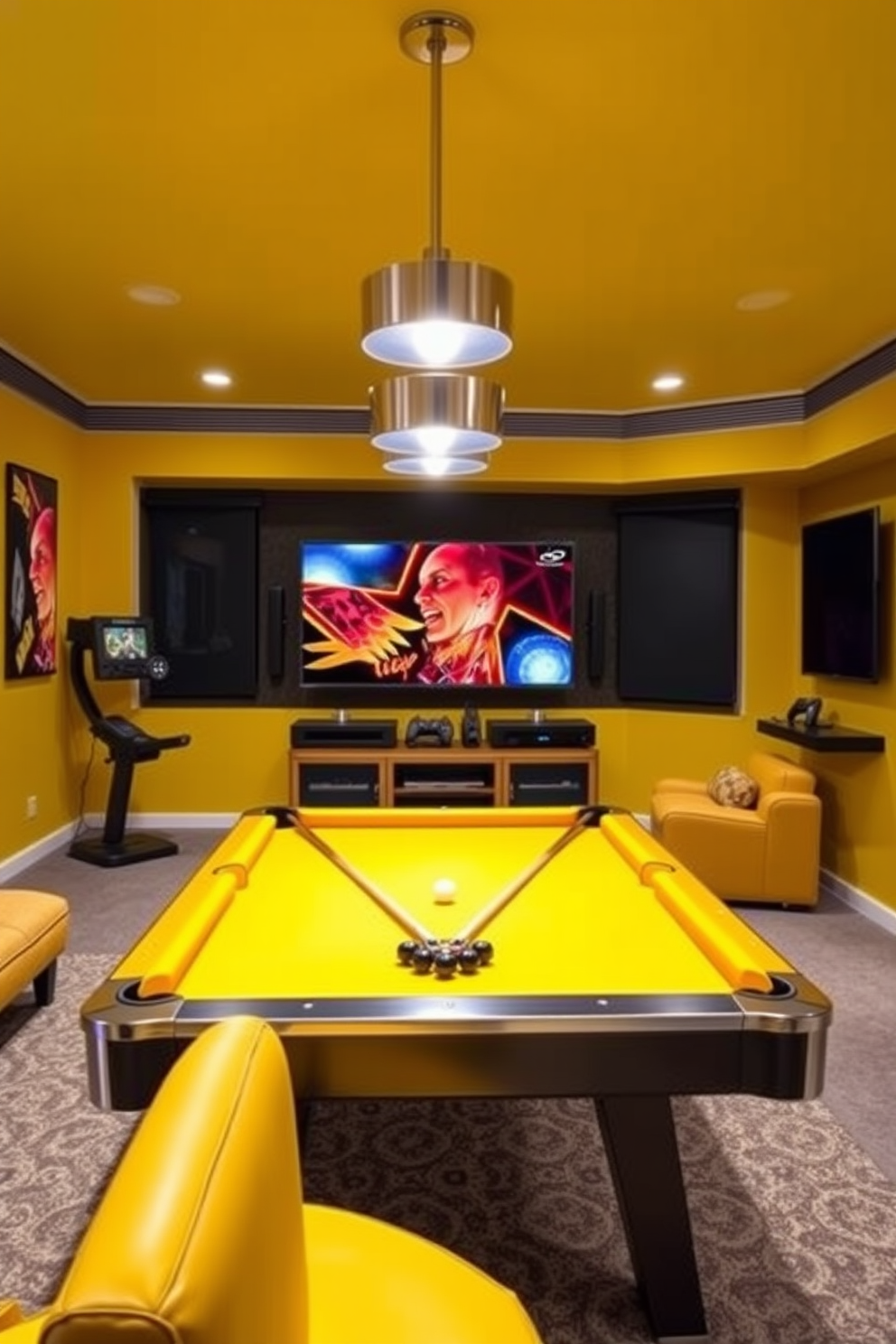 Yellow themed game accessories for entertainment. The room features a vibrant yellow pool table with matching cues and a sleek gaming console setup. Yellow Man Cave Design Ideas. The space is adorned with yellow accent walls, complemented by comfortable seating and a large flat-screen TV for an immersive experience.