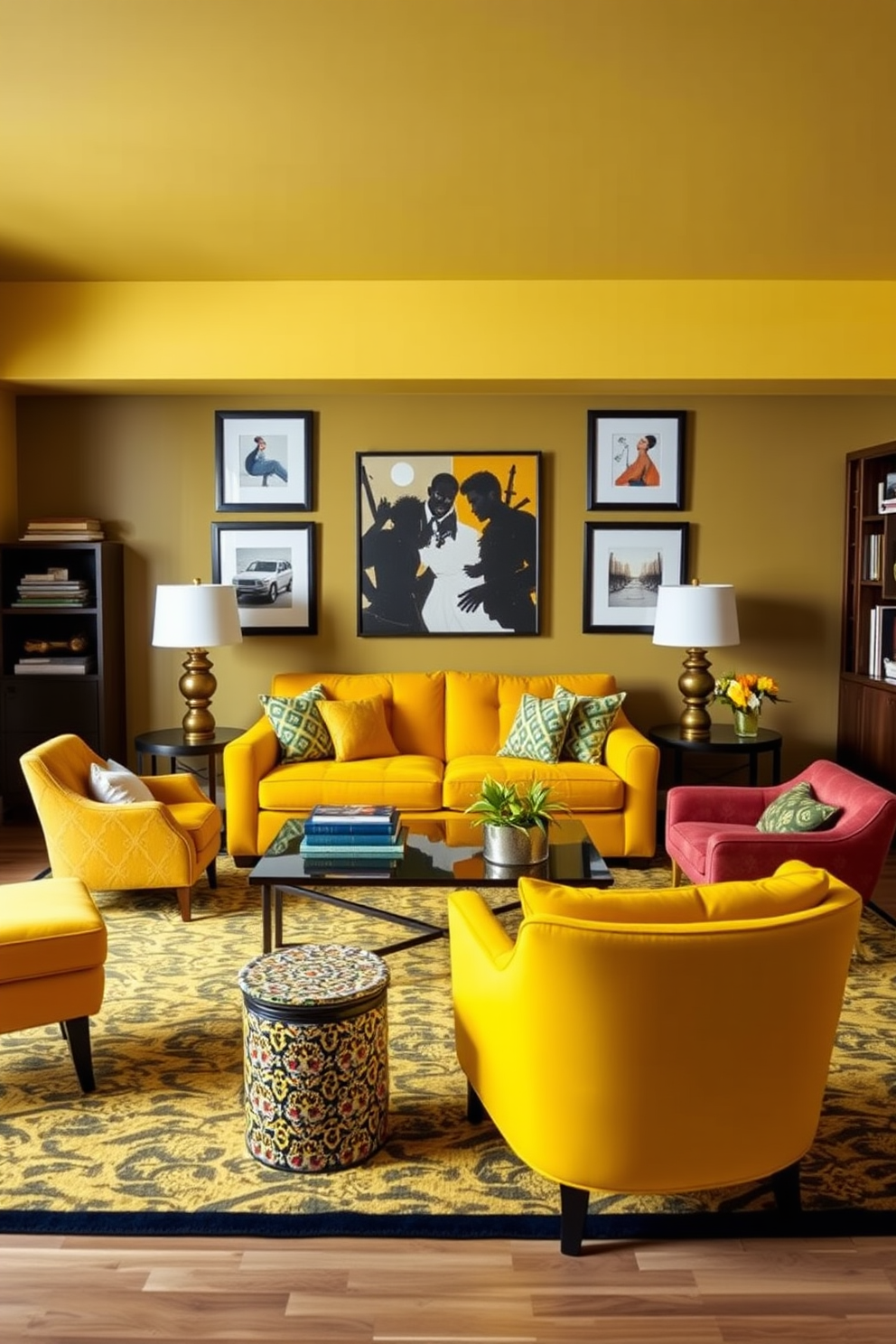 A cozy man cave featuring a yellow leather recliner that invites relaxation. The walls are adorned with dark wood paneling, and a large flat-screen TV is mounted for entertainment. Soft ambient lighting creates a warm atmosphere, while a plush area rug adds comfort underfoot. Accessories like sports memorabilia and framed posters enhance the personal touch of the space.