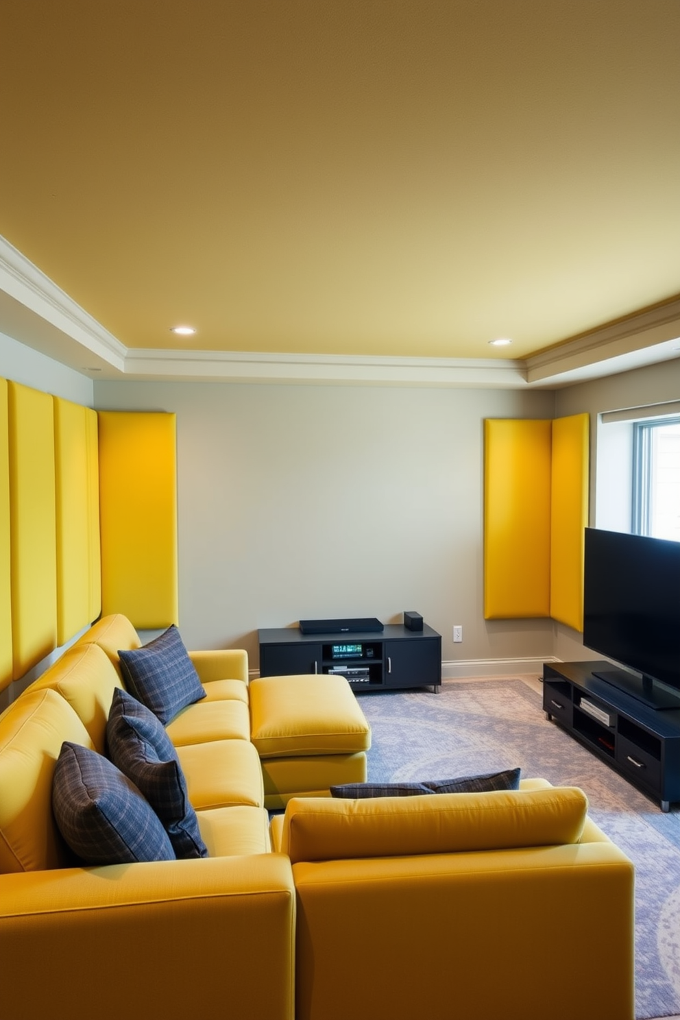 A cozy man cave featuring yellow wall paint that brightens the space. The dark trim adds a sophisticated contrast, enhancing the overall design. Comfortable seating is arranged around a central coffee table, creating an inviting atmosphere for relaxation. A large flat-screen TV is mounted on the wall, perfect for movie nights and sports events.