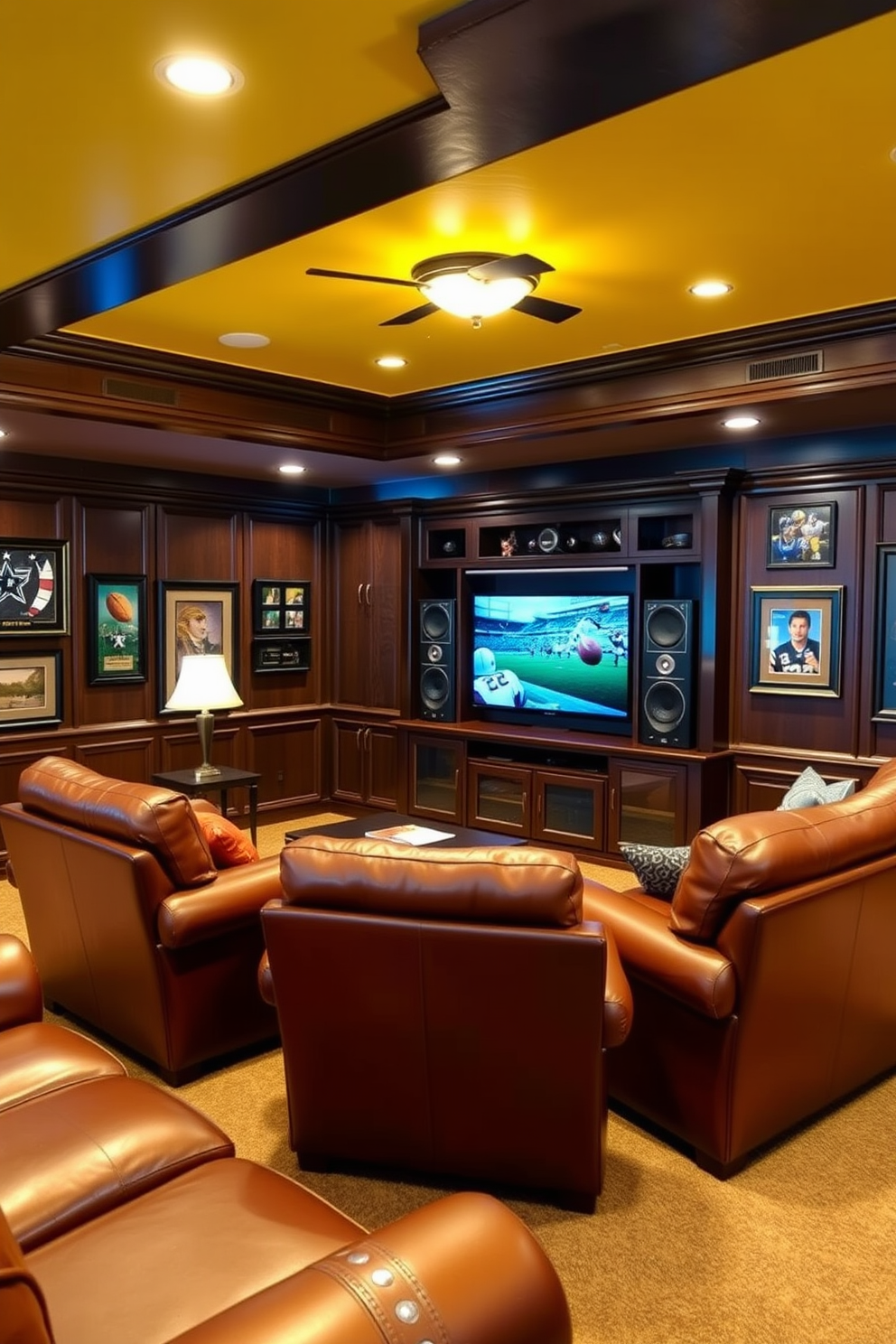 A cozy man cave with yellow ceiling paint creates a vibrant and inviting atmosphere. The walls are adorned with dark wood paneling, and plush leather furniture offers comfort and style. A large entertainment center is the focal point, housing a state-of-the-art television and sound system. Surrounding the space, framed sports memorabilia and artwork add a personal touch to the design.