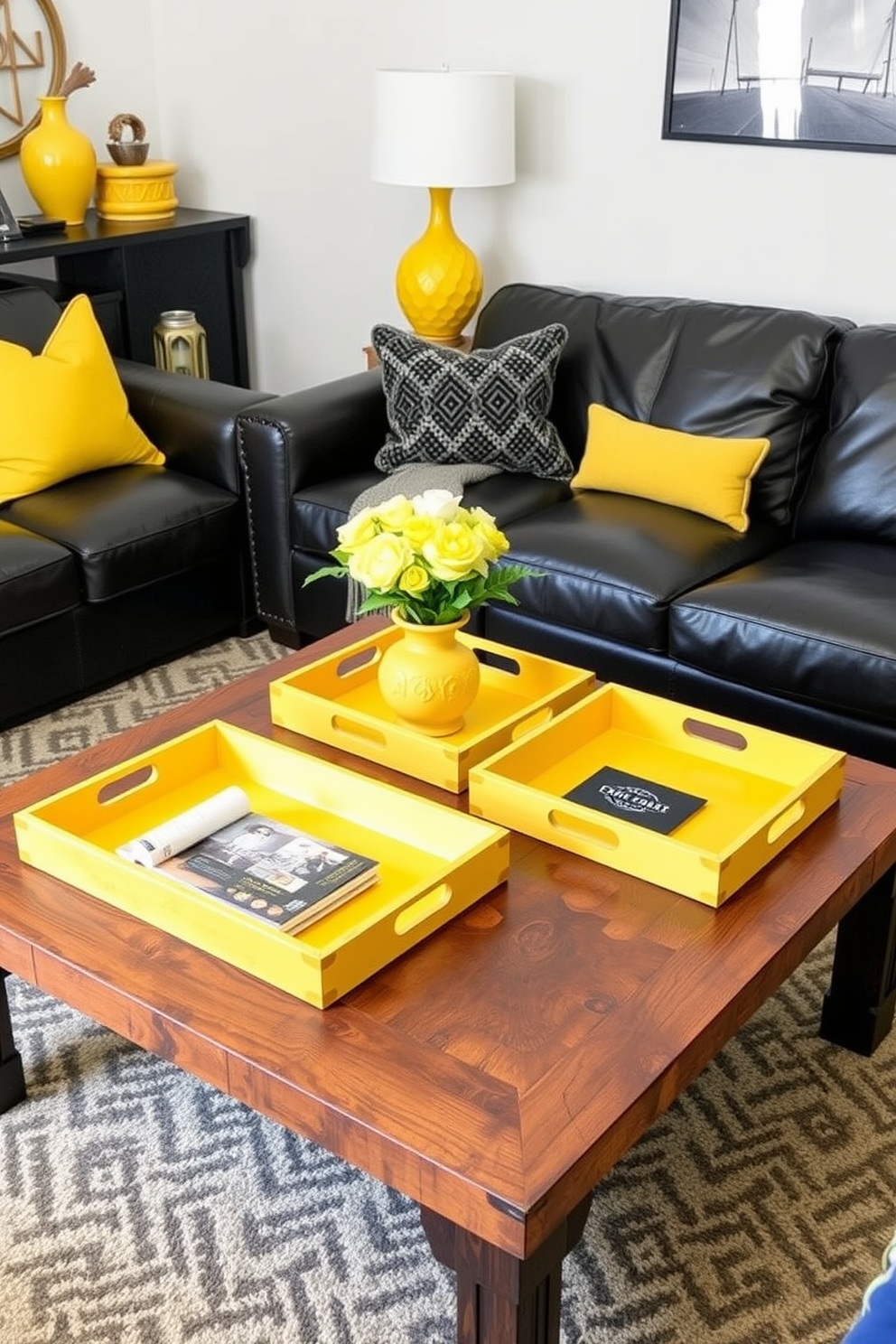 A stylish man cave featuring yellow decorative trays for organization. The space includes a comfortable leather sofa, a rustic wooden coffee table, and vibrant yellow accents throughout the decor.