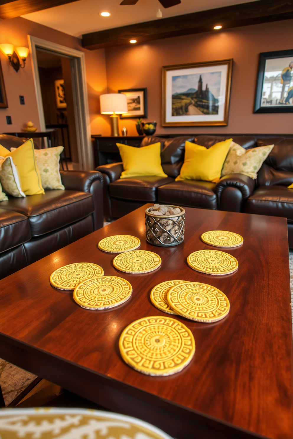 A vibrant arrangement of yellow coasters scattered across a polished wooden coffee table adds a cheerful touch to the living space. The coasters feature intricate patterns that complement the room's decor while providing a functional element. A cozy man cave designed with deep leather seating and warm lighting creates an inviting atmosphere for relaxation and entertainment. Accents of yellow in the decor, such as throw pillows and artwork, infuse energy and personality into the space.