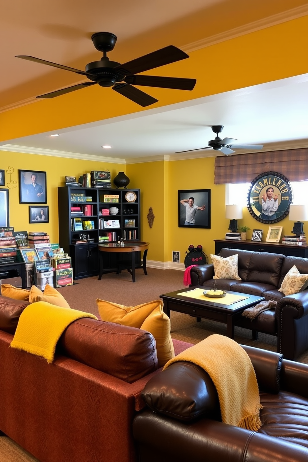 A stylish man cave featuring a yellow ceiling fan that enhances airflow while adding a pop of color to the space. The room is designed with comfortable seating, a large entertainment system, and decor that reflects a relaxed yet vibrant atmosphere.