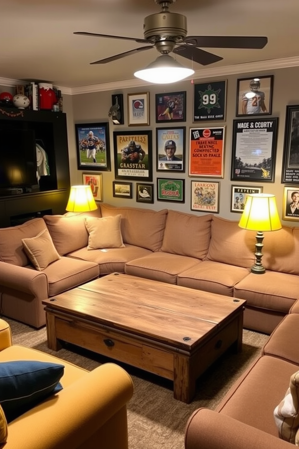 A cozy man cave featuring yellow baseboards that enhance the overall decor. The walls are painted in a deep navy blue, creating a striking contrast with the vibrant baseboards. In the center of the room, a plush sectional sofa in a neutral tone invites relaxation. Surrounding the seating area are shelves filled with sports memorabilia and a large flat-screen TV mounted on the wall for entertainment.