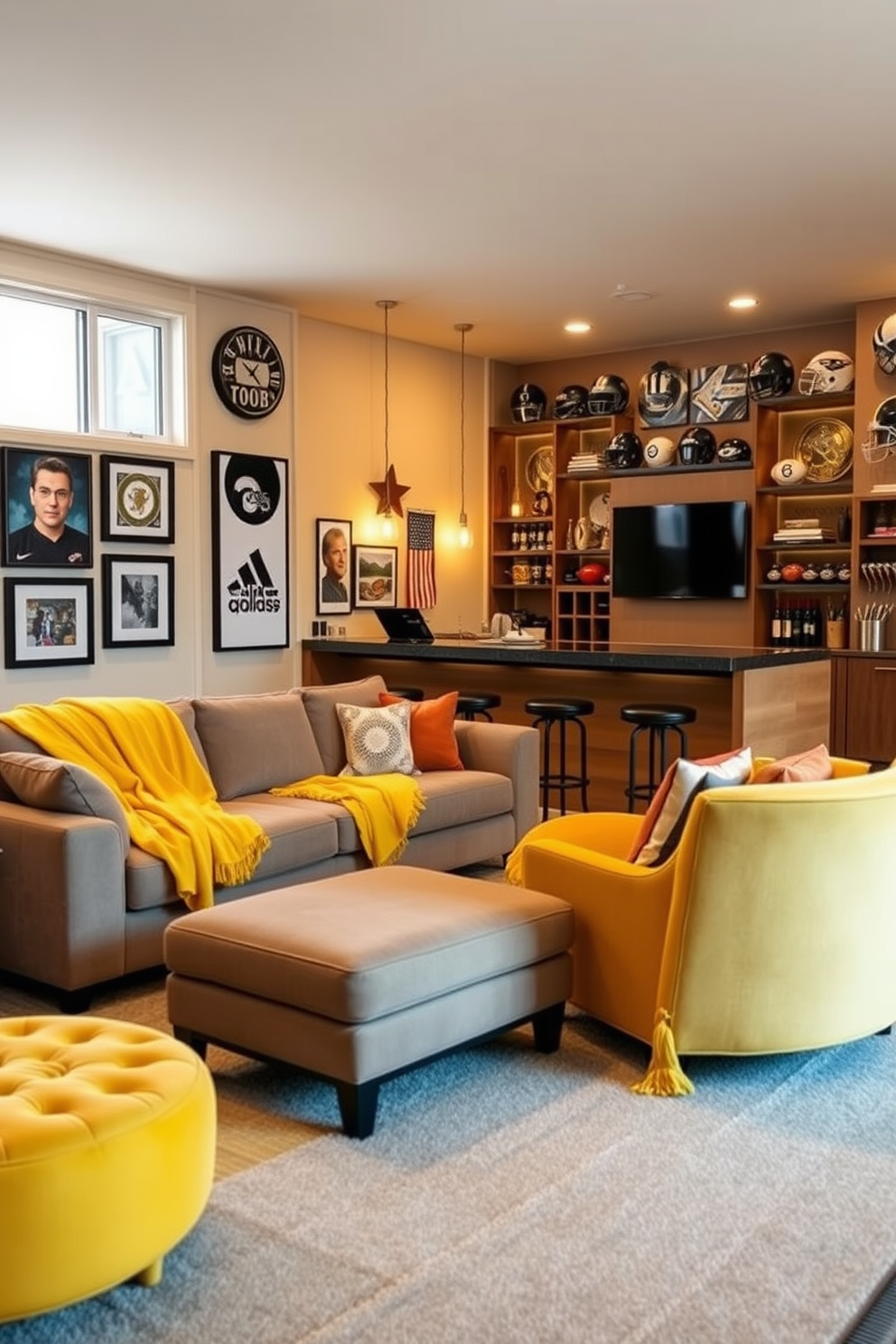 A warm and inviting living room setting. The space features a large sectional sofa draped with soft yellow blankets, creating a cozy atmosphere for relaxing evenings. A stylish man cave designed for comfort and entertainment. The room includes a plush yellow accent chair, a sleek bar area, and wall-mounted shelves filled with sports memorabilia.