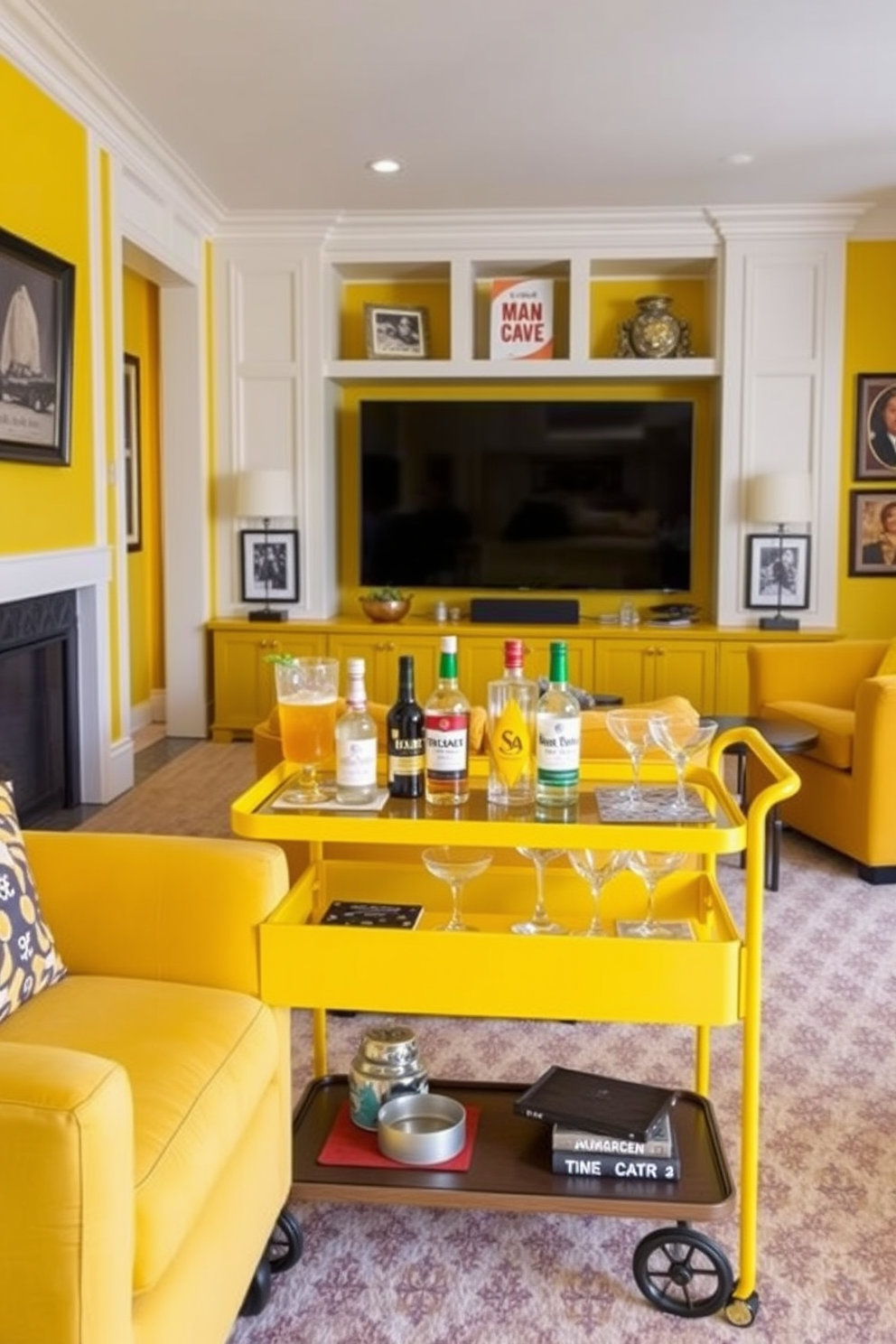 A yellow bar cart serves as a focal point in a stylish living space. It is adorned with a selection of premium spirits, elegant glassware, and decorative coasters. The man cave features a bold yellow color scheme, combining comfort and style. Plush seating arrangements, a large screen for entertainment, and personalized decor create an inviting atmosphere.