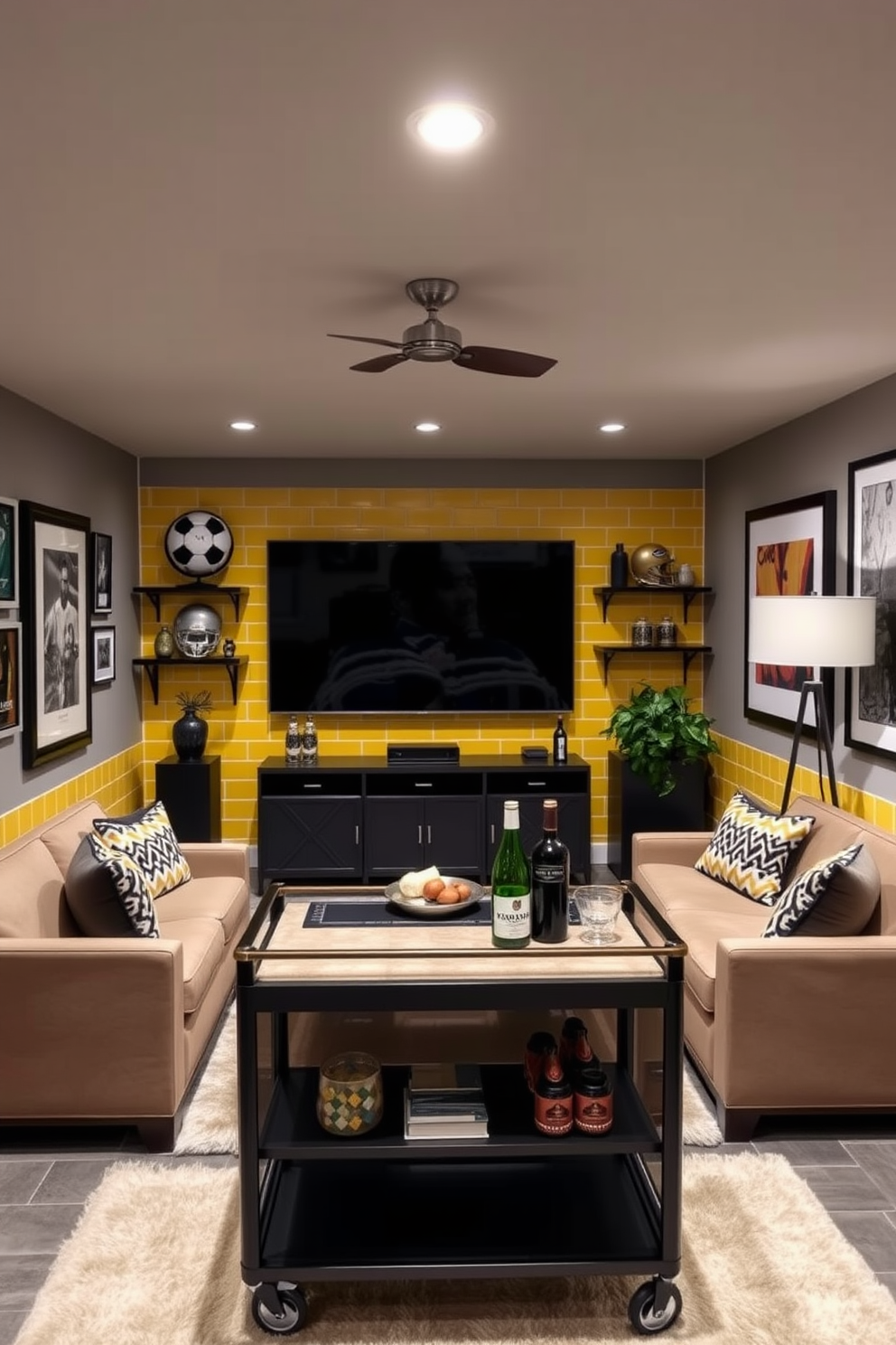 A stylish man cave featuring yellow decorative trays for organization. The space is designed with comfortable seating, a large flat-screen TV, and a bar area, all accented by vibrant yellow decor elements.