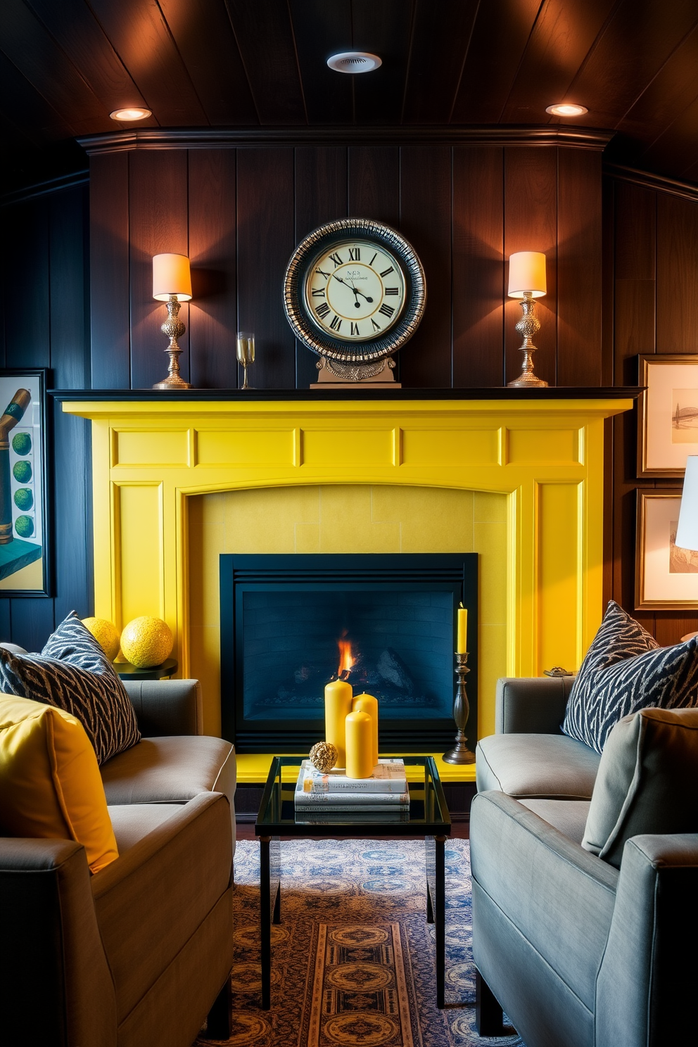 A cozy man cave featuring a vibrant yellow fireplace surrounded by stylish accessories. The walls are adorned with dark wood paneling, and plush seating in complementary colors invites relaxation. The fireplace is the focal point, showcasing decorative yellow accents such as a stylish mantel clock and unique candle holders. Complementary artwork and soft lighting enhance the inviting atmosphere of the space.