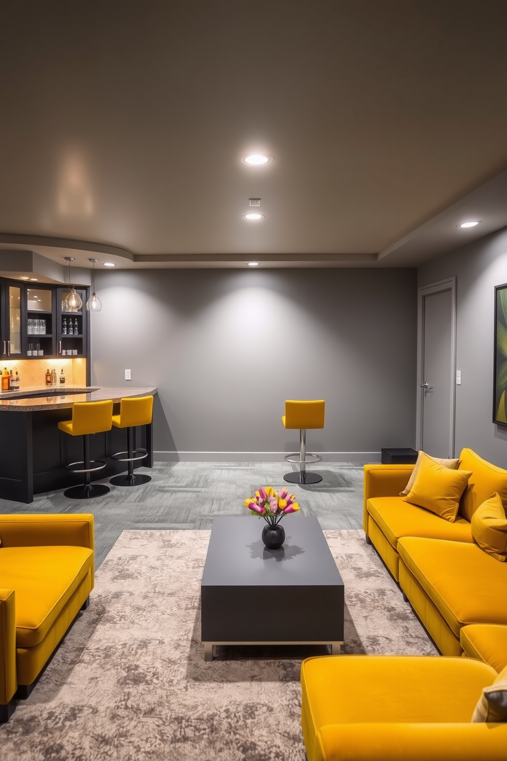 A sophisticated man cave featuring a yellow and gray color scheme. The walls are painted a soft gray, while the furniture includes a plush yellow sectional sofa and a sleek gray coffee table. In one corner, a custom-built bar area showcases yellow bar stools against a gray countertop. Ambient lighting highlights the space, creating a warm and inviting atmosphere perfect for relaxation and entertainment.