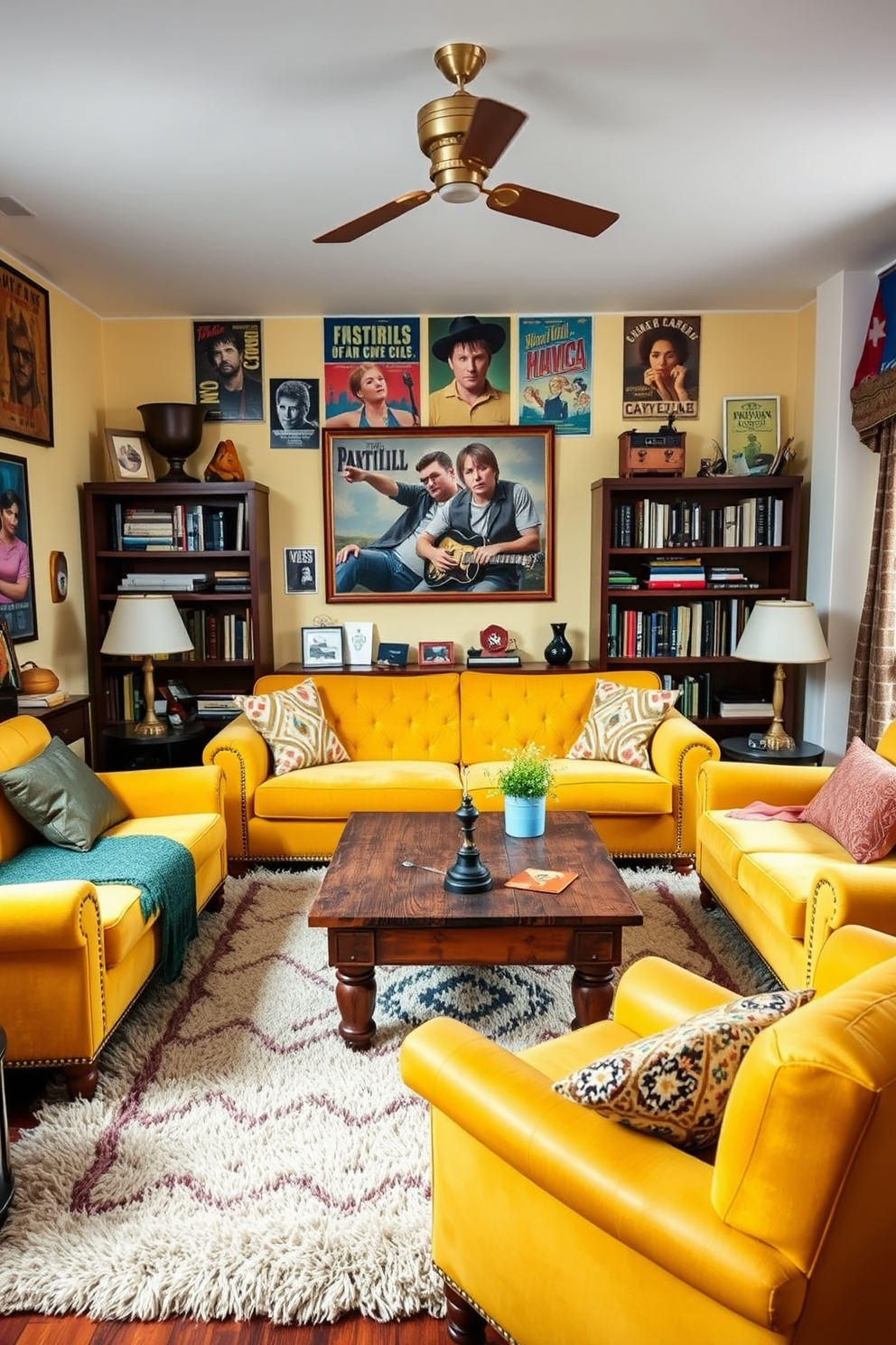 A cozy man cave featuring yellow plants to bring a touch of nature indoors. The space includes a plush sectional sofa in a deep gray hue, complemented by yellow accent pillows and a rustic coffee table made of reclaimed wood. The walls are adorned with framed artwork showcasing landscapes and abstract designs in shades of yellow. A mini bar area with stylish stools sits in one corner, while potted yellow plants add life and vibrancy throughout the room.