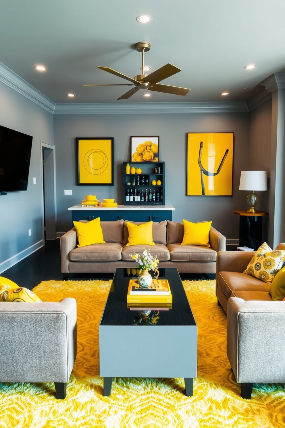 A vibrant man cave featuring yellow artwork that adds a cheerful touch to the room. The walls are painted in a soft gray, creating a perfect backdrop for the bold yellow pieces that draw the eye. Comfortable seating is arranged around a sleek coffee table, inviting relaxation and conversation. A stylish bar area is tucked into one corner, complete with yellow accents that tie the design together.