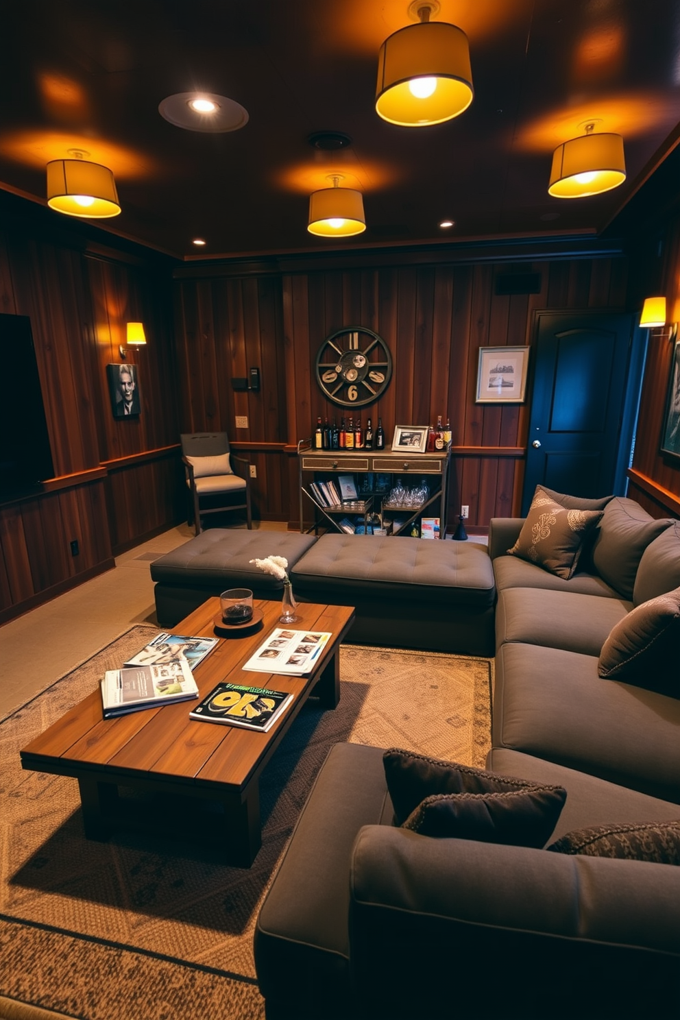 A warm and inviting man cave featuring yellow lighting fixtures that create a cozy glow throughout the space. The walls are adorned with rich wooden paneling, while a large sectional sofa in deep gray provides ample seating for relaxation and entertainment. In the center of the room, a rustic coffee table made of reclaimed wood holds an assortment of magazines and snacks. A vintage bar cart stocked with drinks and glassware adds a touch of elegance, complementing the overall aesthetic of comfort and style.