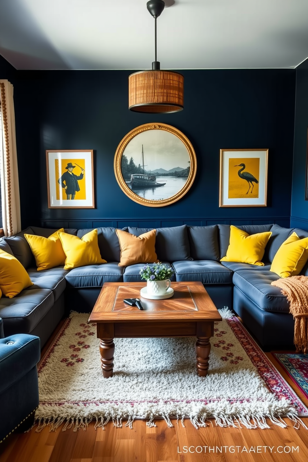 A cozy man cave featuring a plush sectional sofa adorned with yellow throw pillows that add a pop of color and texture. The walls are painted a deep navy blue, and a vintage wooden coffee table sits in the center, surrounded by soft area rugs.