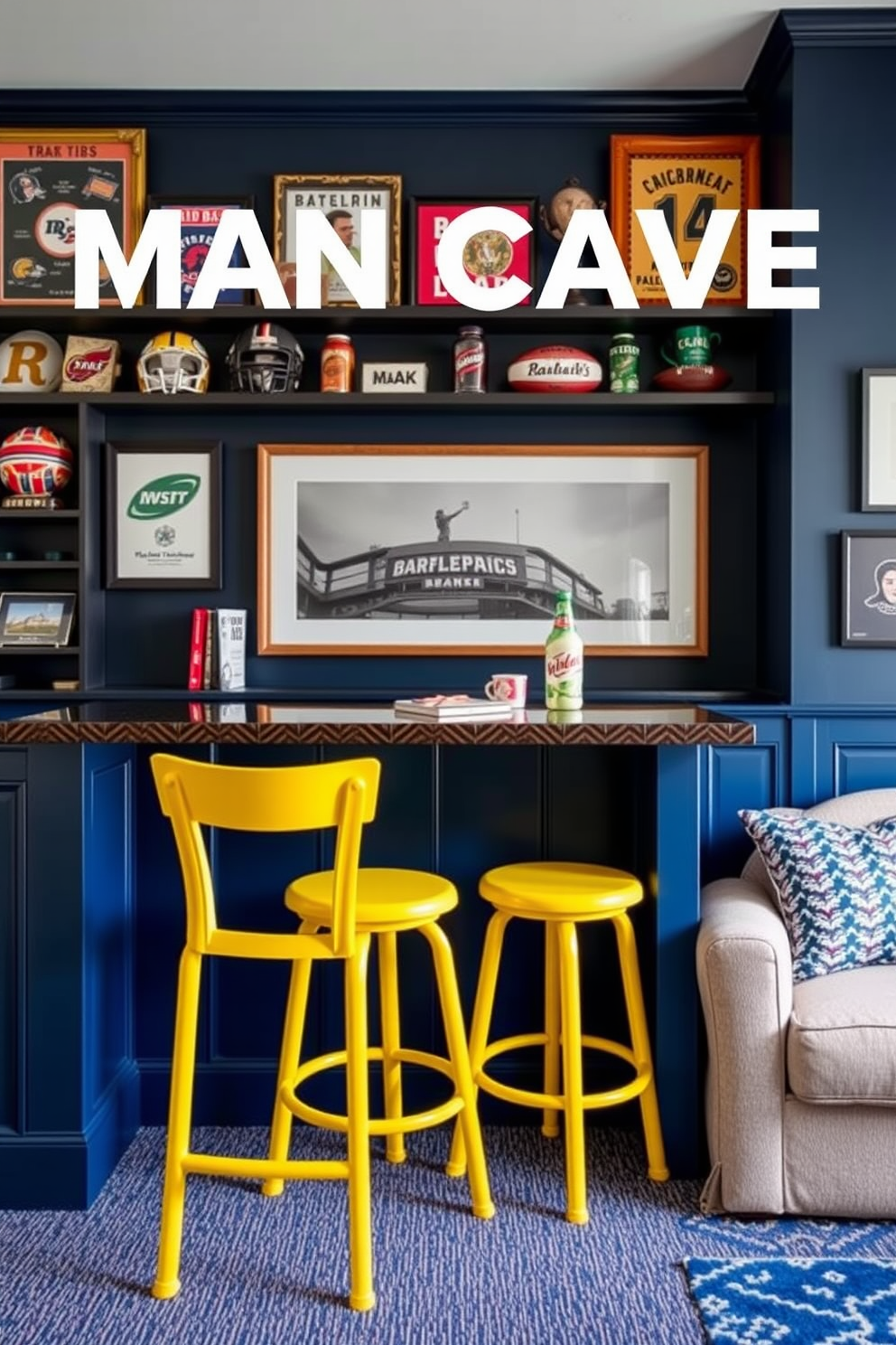 Create a vibrant man cave featuring yellow bar stools that add a fun touch to the space. The walls are painted in a deep navy blue, and there are sports memorabilia displayed on shelves, creating an inviting atmosphere for relaxation and entertainment.