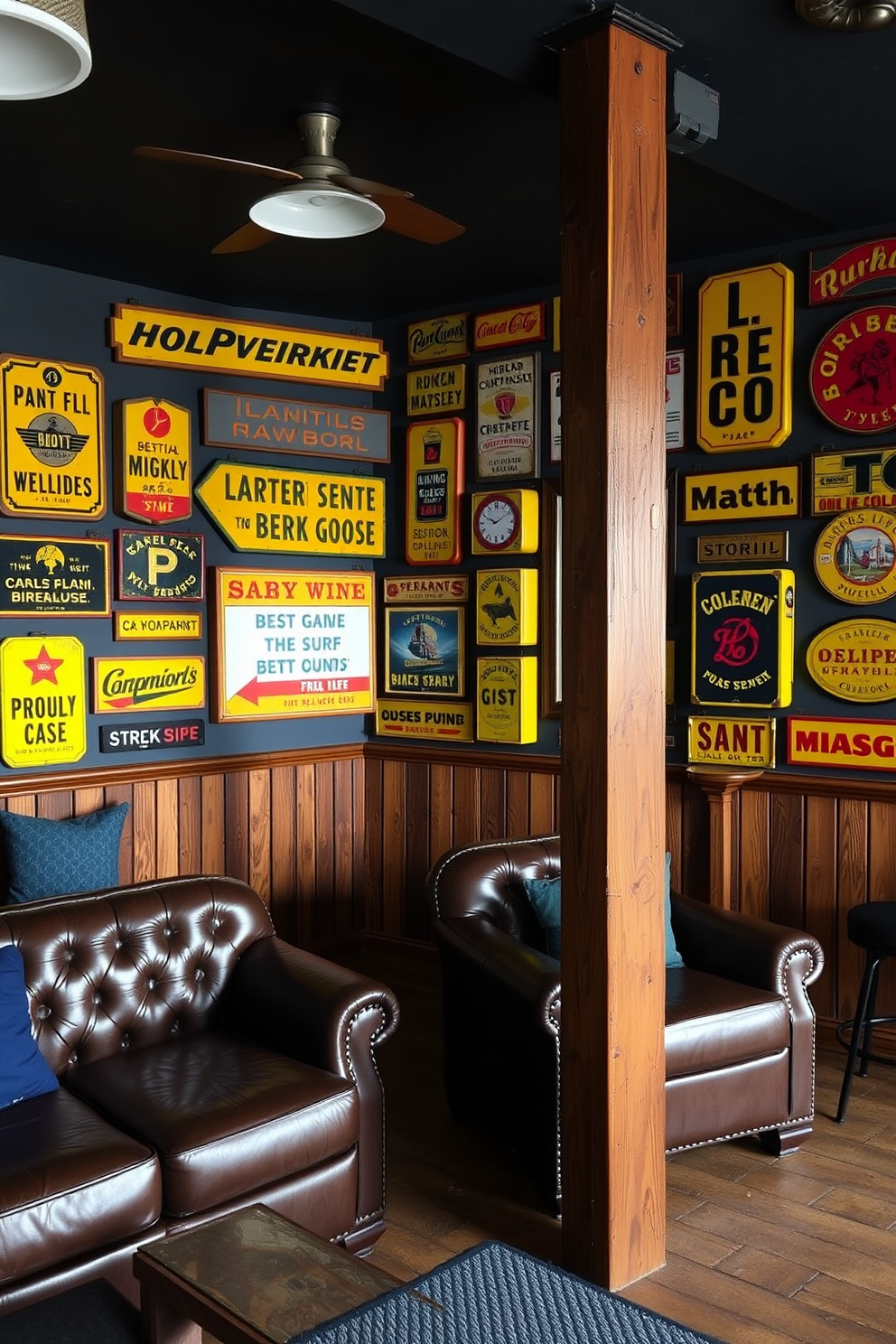 A collection of vintage yellow signs adorns the walls, creating a cheerful and nostalgic atmosphere in the space. The signs feature playful slogans and classic designs that evoke a sense of retro charm. The room is designed as a man cave, featuring comfortable leather seating and a rustic wooden bar. Accents of deep blue and gray complement the yellow signs, enhancing the overall vintage aesthetic.