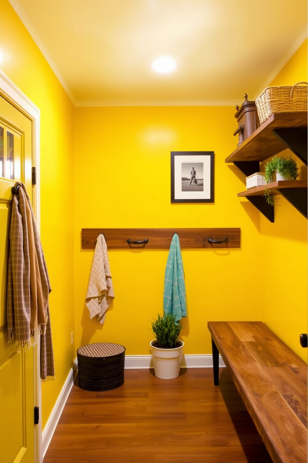 Bright yellow walls create a vibrant and inviting atmosphere in the mudroom. Rustic accents such as reclaimed wood shelves and a vintage bench add warmth and character to the space.