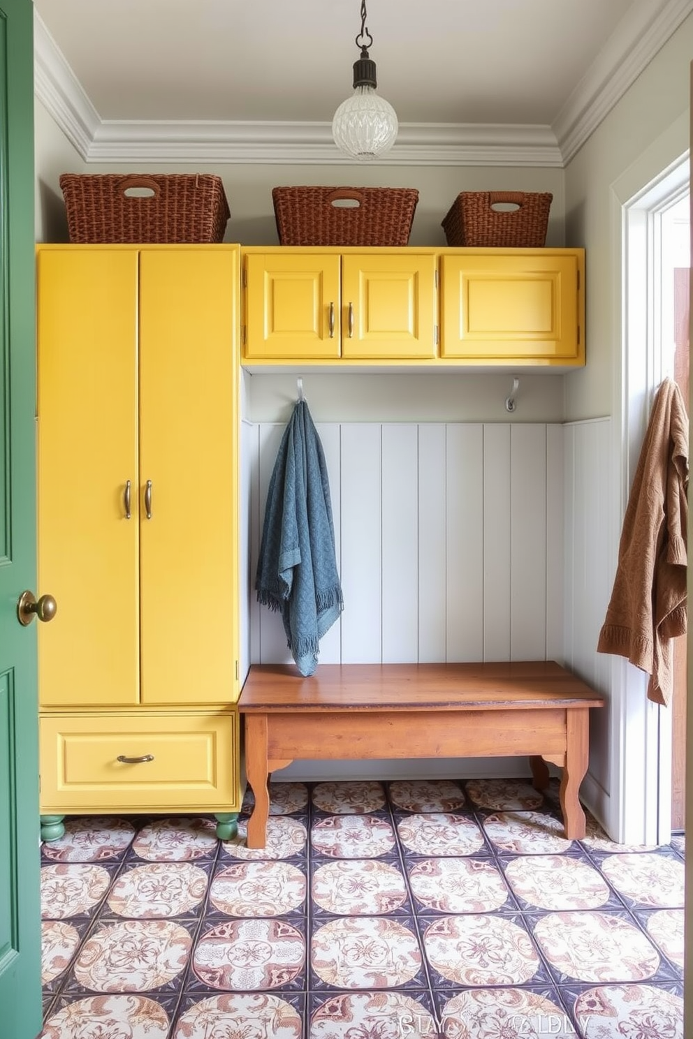 A bright yellow sliding barn door serves as a vibrant focal point in the mudroom, contrasting beautifully with the neutral walls. The space features a built-in bench with colorful cushions and hooks for hanging coats and bags, creating an inviting and functional area. The floor is adorned with durable tile that mimics the look of wood, providing both style and practicality. Natural light floods the room through a window, enhancing the cheerful atmosphere and highlighting the yellow accents throughout the design.