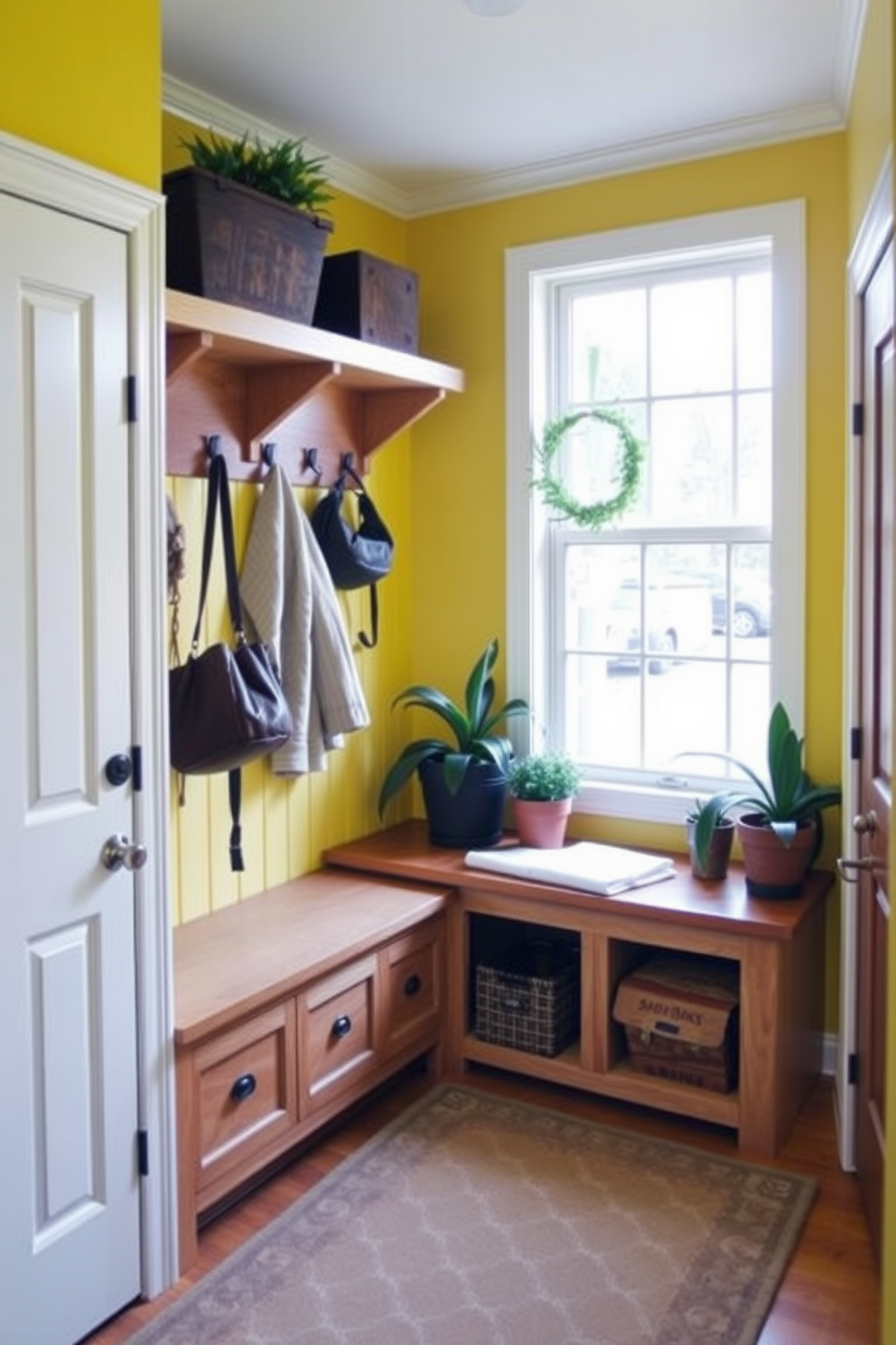 A bright and welcoming mudroom features yellow wainscoting that adds a cheerful touch to the space. Wood accents, including a rustic bench and shelving, complement the vibrant walls and provide functional storage solutions.