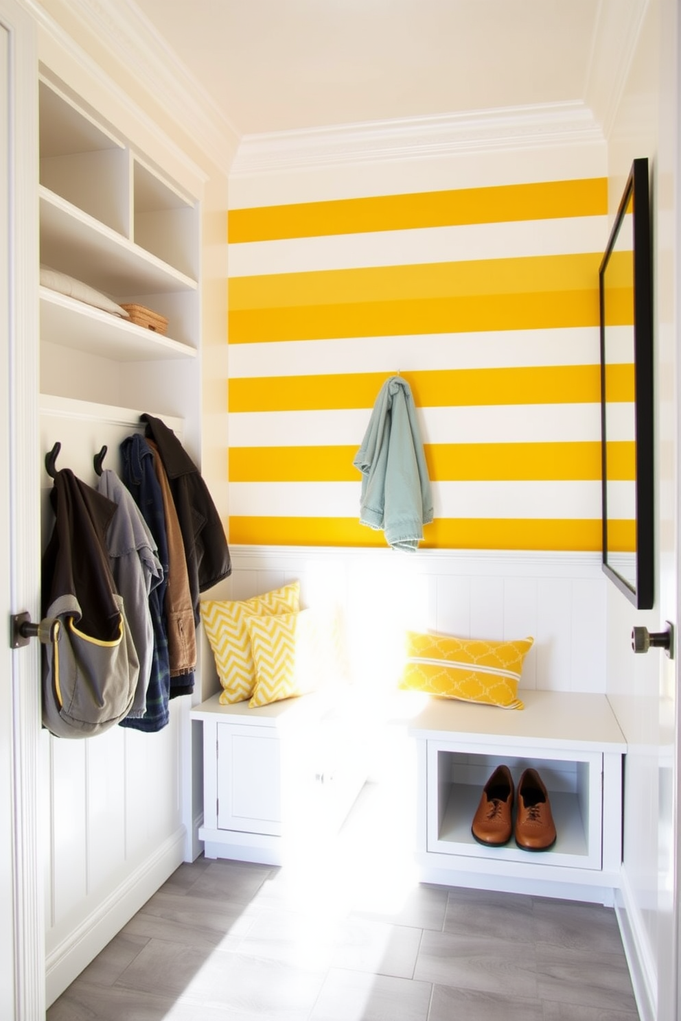 A cheerful mudroom features an accent wall adorned with bold yellow and white stripes creating a vibrant focal point. The space includes a built-in bench with storage underneath and hooks for coats, all complemented by a durable tile floor in a light gray tone.