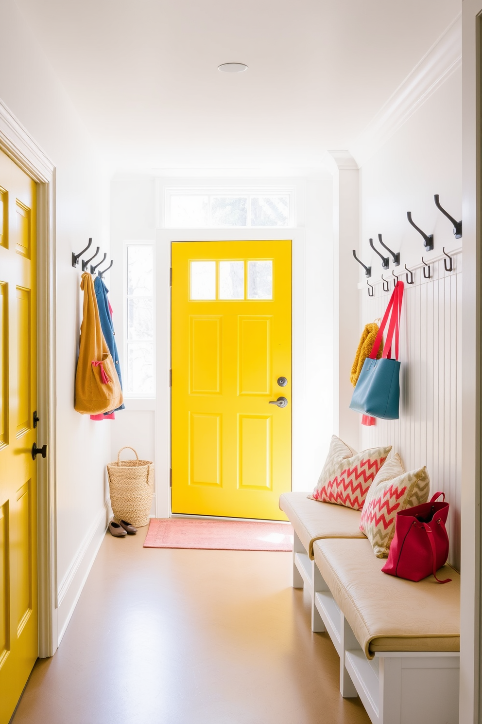 A bright yellow door welcomes you into a spacious mudroom filled with natural light. The walls are painted in a soft white, creating a cheerful contrast with the vibrant door and accessories. Stylish hooks line the wall, holding colorful jackets and bags for easy access. A built-in bench with plush cushions provides a cozy spot to sit while removing shoes, enhancing the inviting atmosphere.