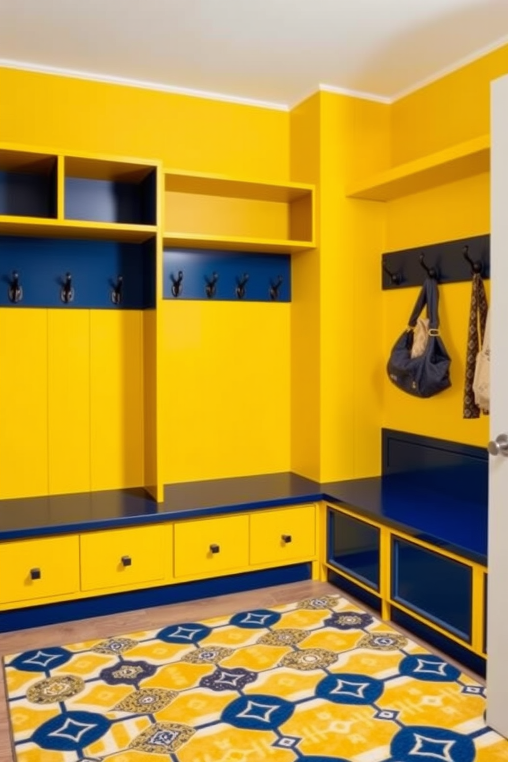 A vibrant mudroom featuring yellow walls that create a cheerful atmosphere. The space includes navy blue storage benches and hooks, providing a striking contrast. Bright yellow cabinetry with sleek navy blue accents adds a modern touch. A patterned area rug in complementary colors enhances the overall aesthetic while providing comfort underfoot.