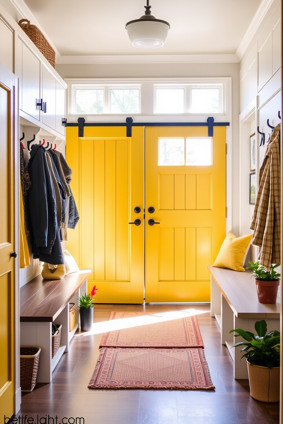 Cozy yellow seating with pillows. A plush yellow sofa is adorned with an array of patterned and solid-colored pillows in shades of white and gray. Yellow Mudroom Design Ideas. The mudroom features bright yellow walls paired with a built-in bench, complete with storage cubbies above for shoes and outdoor gear.