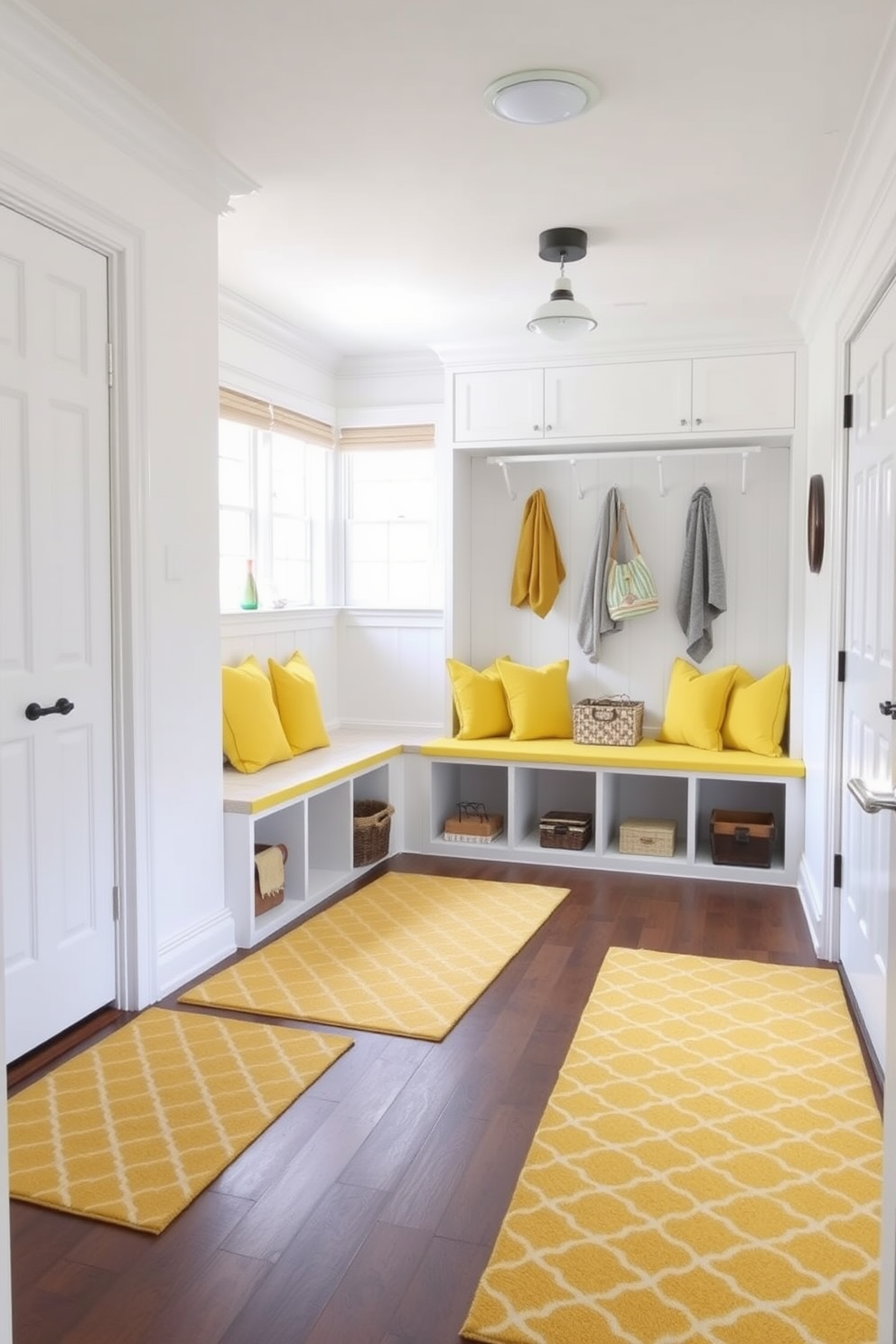 A bright and inviting mudroom features yellow patterned rugs that add warmth and texture to the space. The walls are painted in a soft white, and built-in storage benches are adorned with cheerful yellow cushions.