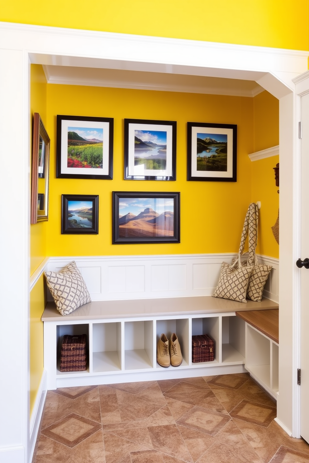 A bright and inviting mudroom features yellow accent walls adorned with framed art that showcases vibrant landscapes. The flooring is a durable tile with a geometric pattern, and a built-in bench with storage cubbies is positioned against one wall.