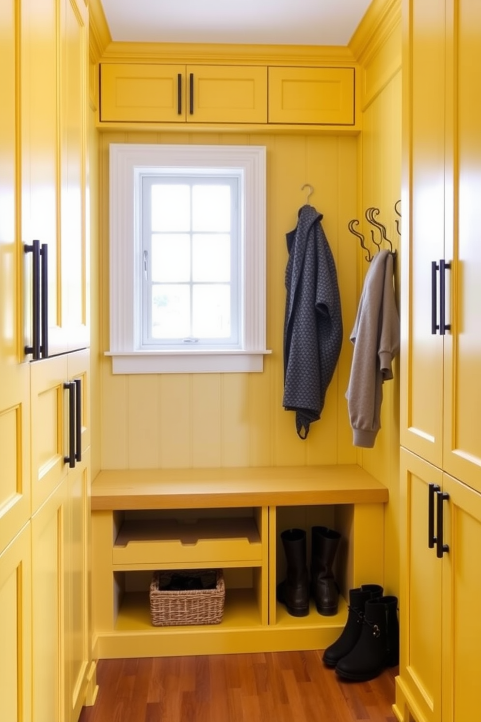 Chic yellow cabinetry with ample storage creates a vibrant and functional space. The cabinets are complemented by sleek black hardware and a white countertop, enhancing the overall aesthetic. Yellow mudroom design ideas feature a warm and inviting atmosphere. A built-in bench with storage underneath and decorative hooks on the wall provide a practical yet stylish entry point.