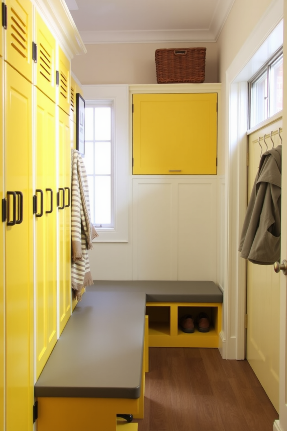 A bright and inviting mudroom features yellow storage lockers lined against the wall, providing ample space for organization. Gray benches are placed in front of the lockers, creating a comfortable area for putting on or taking off shoes.