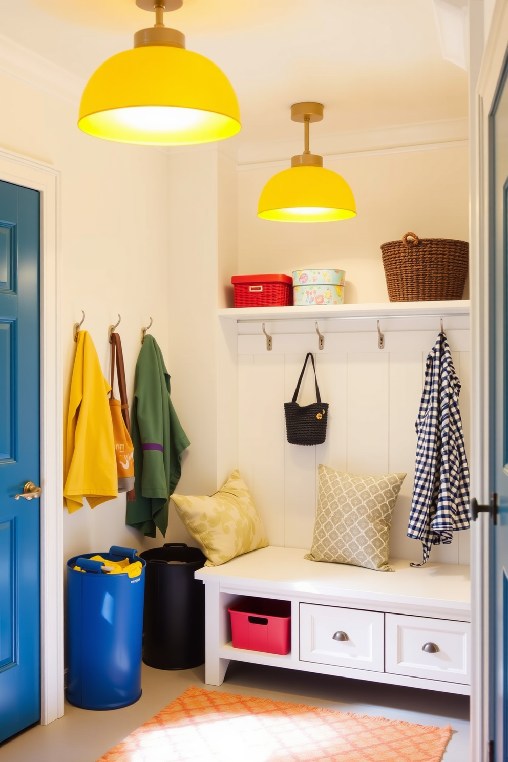 A bright and inviting mudroom features bright yellow light fixtures overhead that illuminate the space. The walls are painted in a soft white, creating a cheerful contrast with the vibrant lighting. A built-in bench with storage underneath provides a practical seating area for putting on shoes. Colorful hooks line the wall, perfect for hanging coats and bags, adding a playful touch to the design.