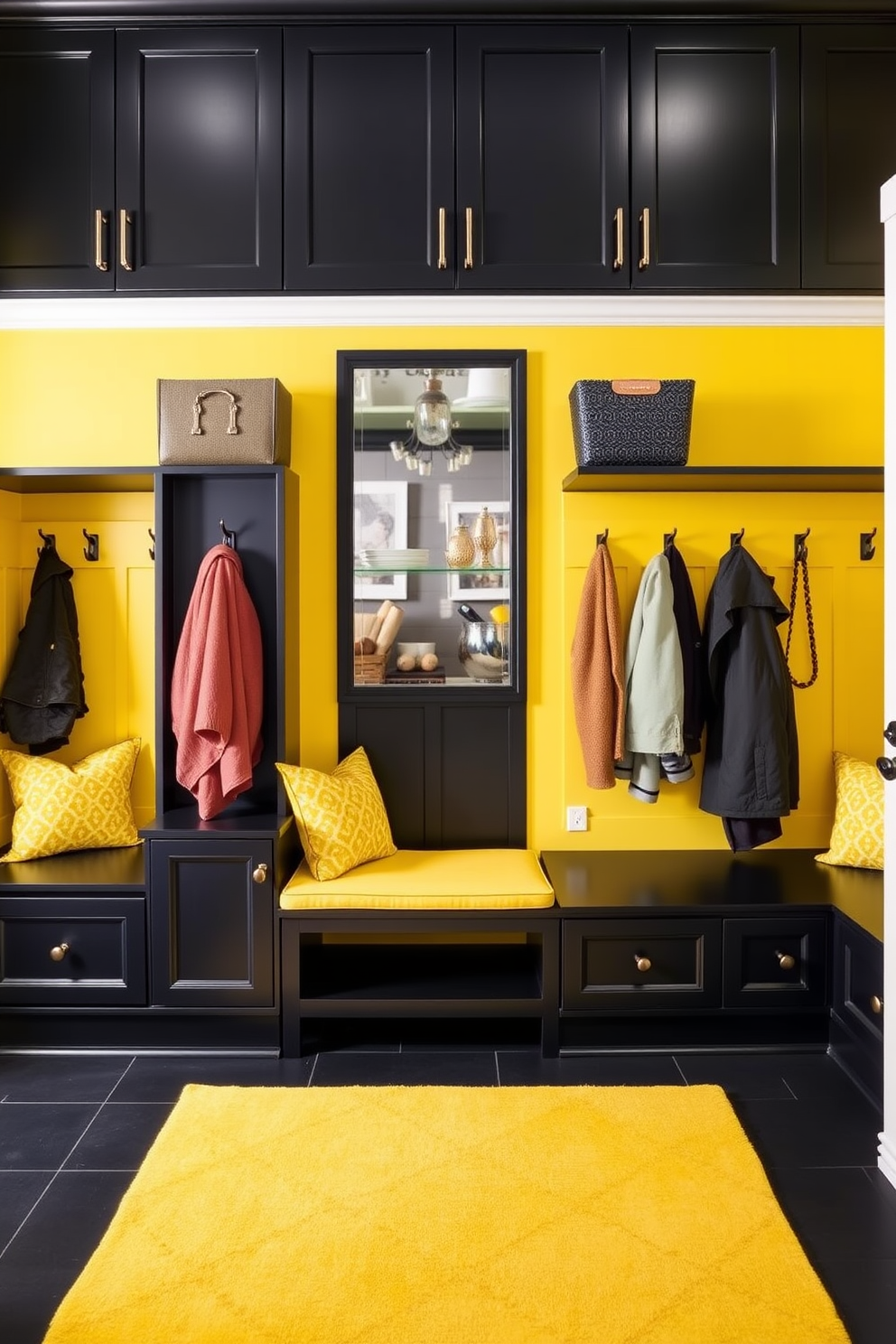 A striking mudroom design featuring a bold yellow and black color scheme. The walls are painted a vibrant yellow, while the cabinetry is a deep black, creating a dramatic contrast. The flooring is a sleek black tile, complemented by a stylish yellow area rug. Storage solutions include built-in benches with yellow cushions and hooks for hanging coats, all designed for both functionality and aesthetic appeal.