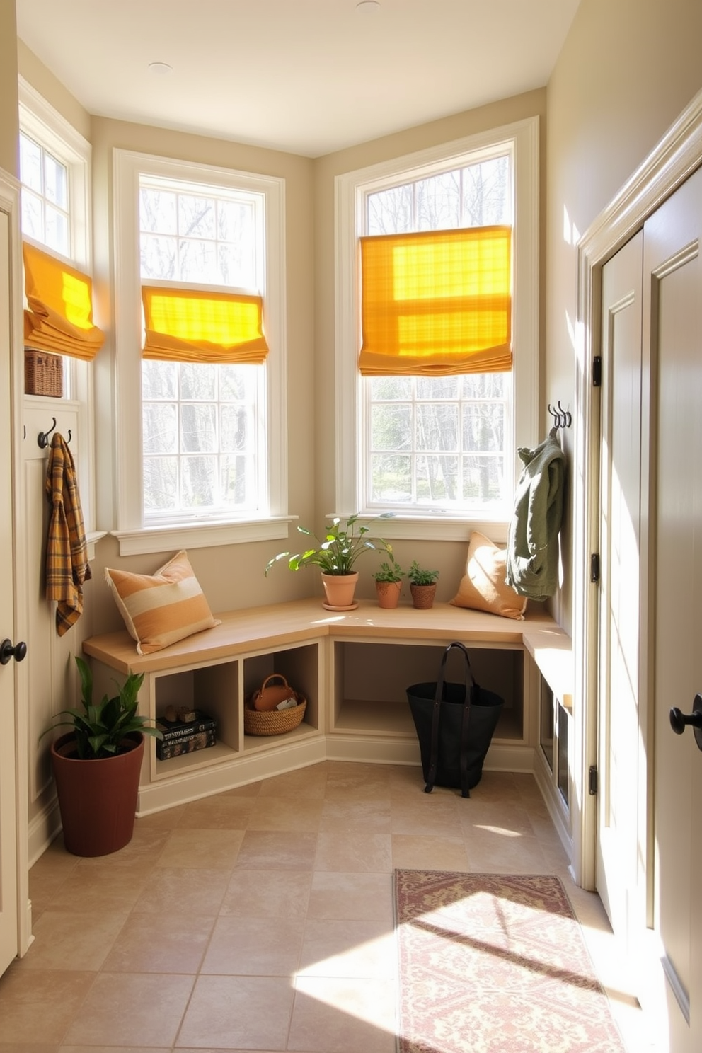 A bright and welcoming mudroom features large windows adorned with cheerful yellow window treatments that allow natural light to flood the space. The walls are painted in a soft beige, complemented by a durable patterned tile floor, creating a warm and inviting atmosphere. Functional storage solutions include built-in benches with plush cushions and hooks for hanging coats and bags. Decorative elements like potted plants and a stylish area rug add personality to this practical yet beautiful space.