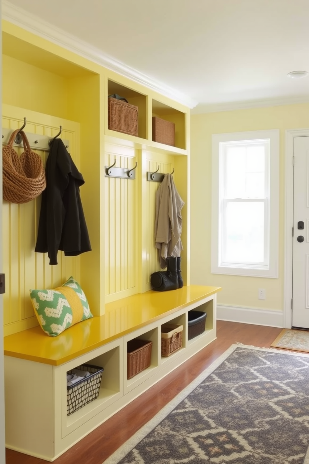 A bright and cheerful mudroom features yellow built-in seating that provides ample storage underneath. The space is accented with hooks for coats and a stylish rug that complements the vibrant seating.