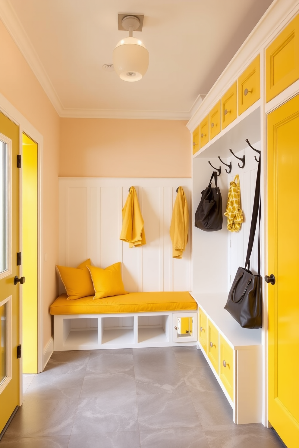 A bright and inviting mudroom features lively yellow accents that pop against neutral tones throughout the space. The walls are painted in a soft beige, while the cabinetry showcases a cheerful yellow hue, creating a warm and welcoming atmosphere. The floor is adorned with a durable gray tile that complements the overall design. A bench with yellow cushions provides a comfortable seating area, and hooks for coats and bags are neatly arranged on the wall, enhancing both functionality and style.