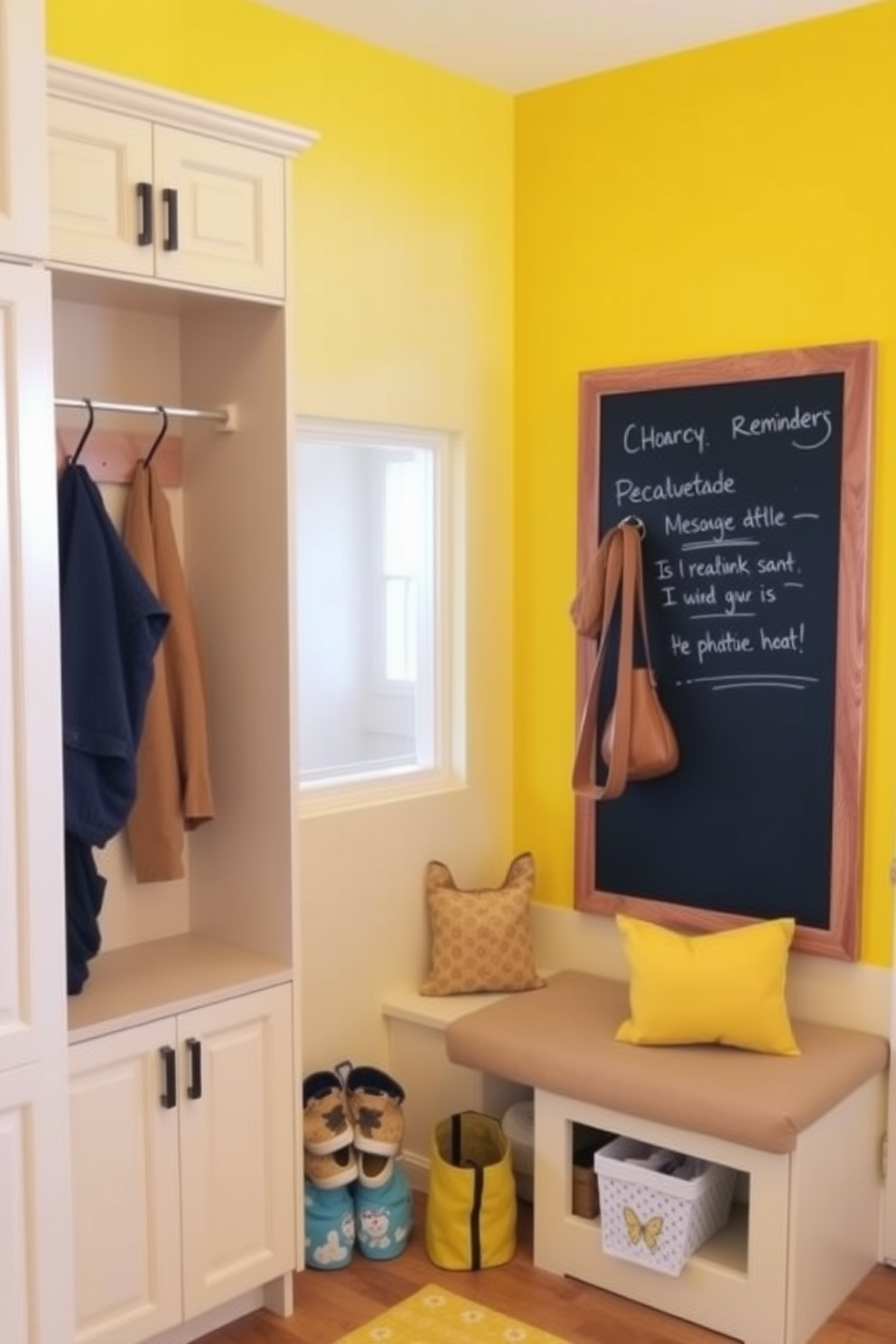 A cheerful yellow chalkboard wall serves as a vibrant backdrop for family messages and reminders. The chalkboard is framed with a sleek wooden border, adding a touch of warmth to the space. The mudroom features a practical layout with built-in storage benches and hooks for coats and bags. Bright yellow accents complement the neutral cabinetry, creating an inviting and functional entryway.