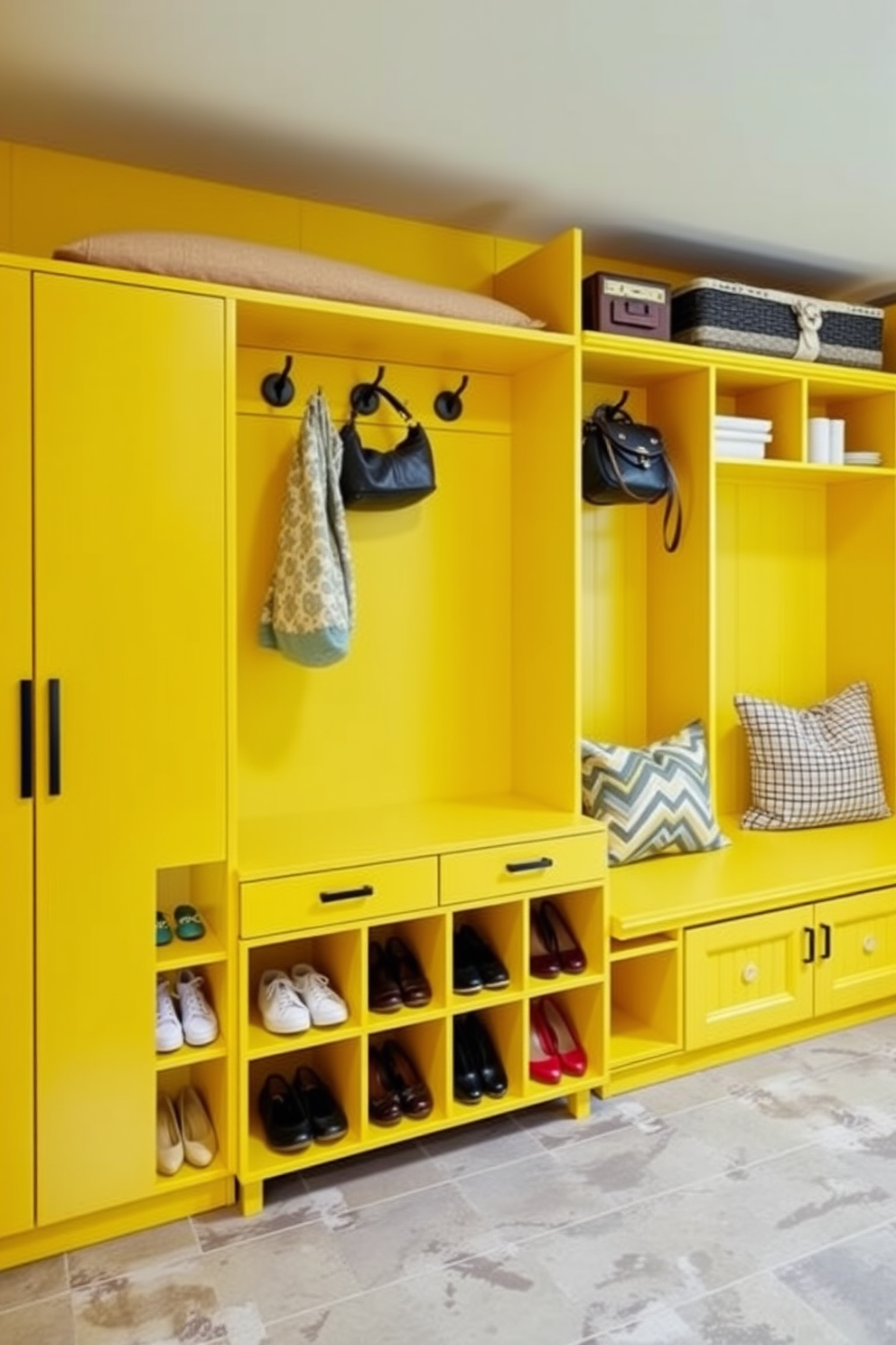 An eclectic mudroom design featuring vibrant yellow decor items that create a cheerful and inviting atmosphere. The space includes a combination of patterned storage baskets, bright yellow hooks, and a playful area rug that ties the look together.