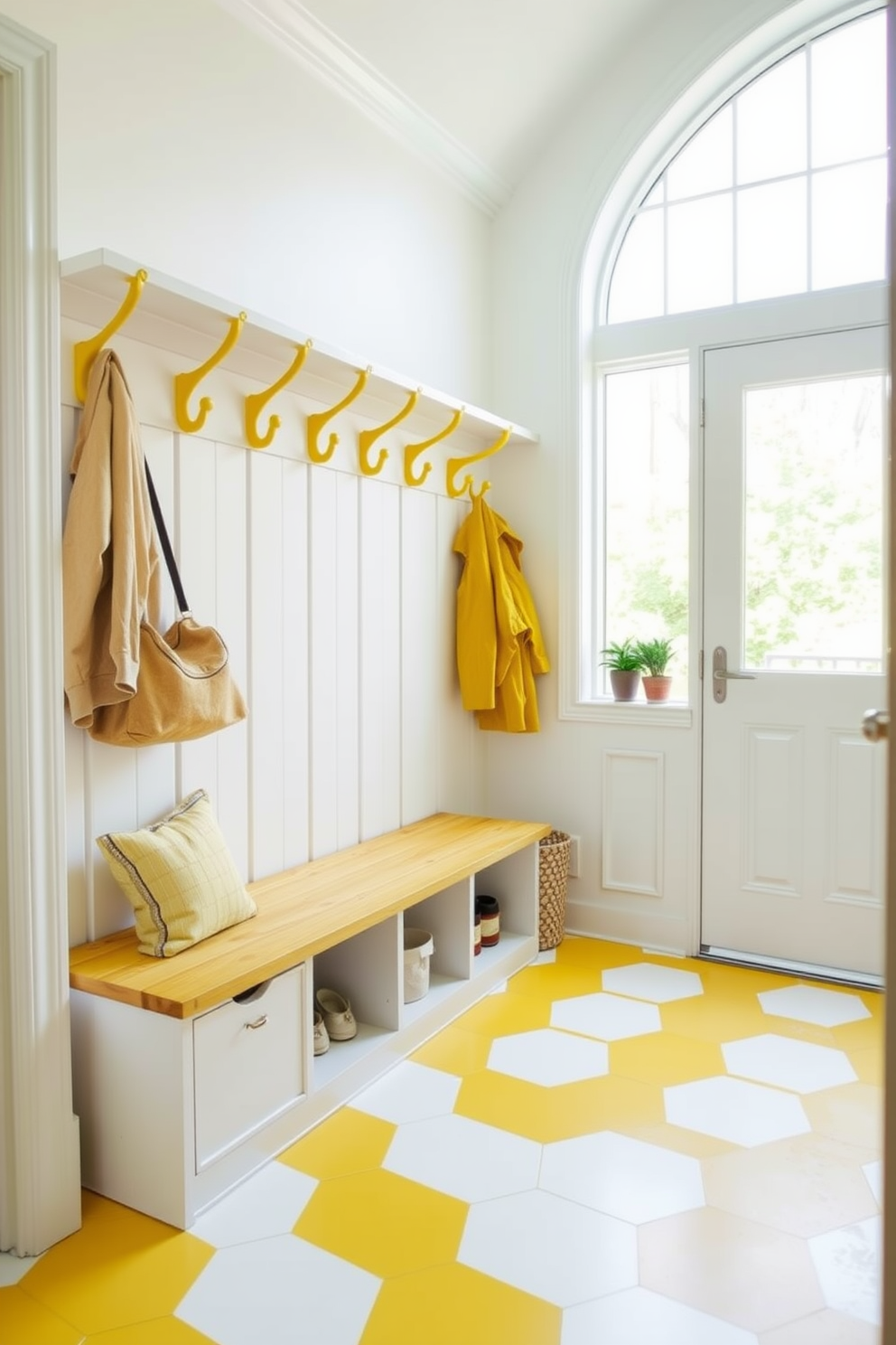 A cheerful mudroom featuring yellow and white checkerboard flooring that creates a vibrant atmosphere. The walls are painted a soft white, and a wooden bench with storage underneath adds functionality to the space. Brilliant yellow hooks line the wall, providing ample space for coats and bags. A large window allows natural light to flood in, illuminating the cheerful decor and inviting ambiance.