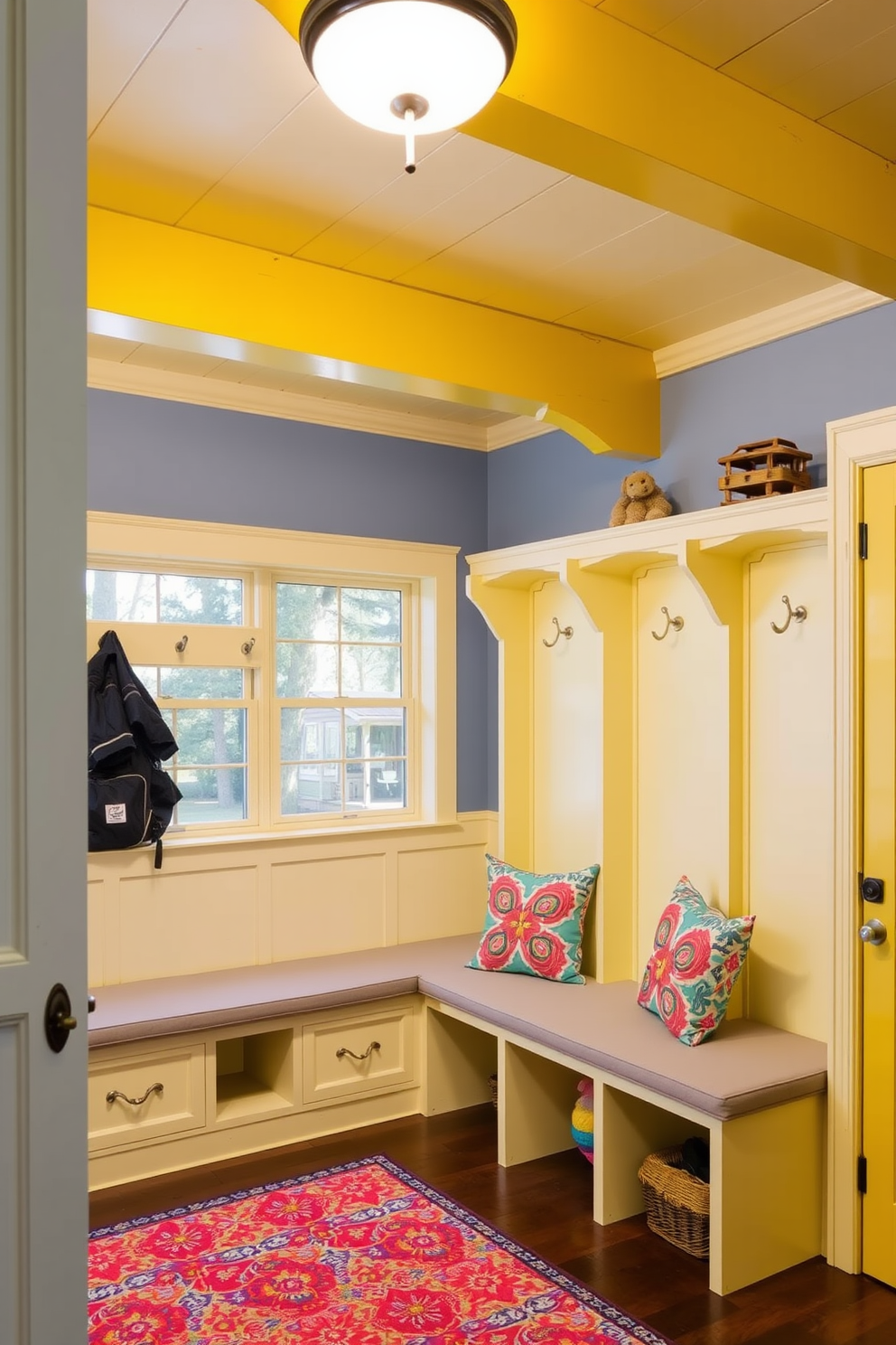 Cheerful yellow paint adorns the ceiling beams, creating a bright and inviting atmosphere. The mudroom features built-in benches with storage underneath, complemented by vibrant patterned cushions.