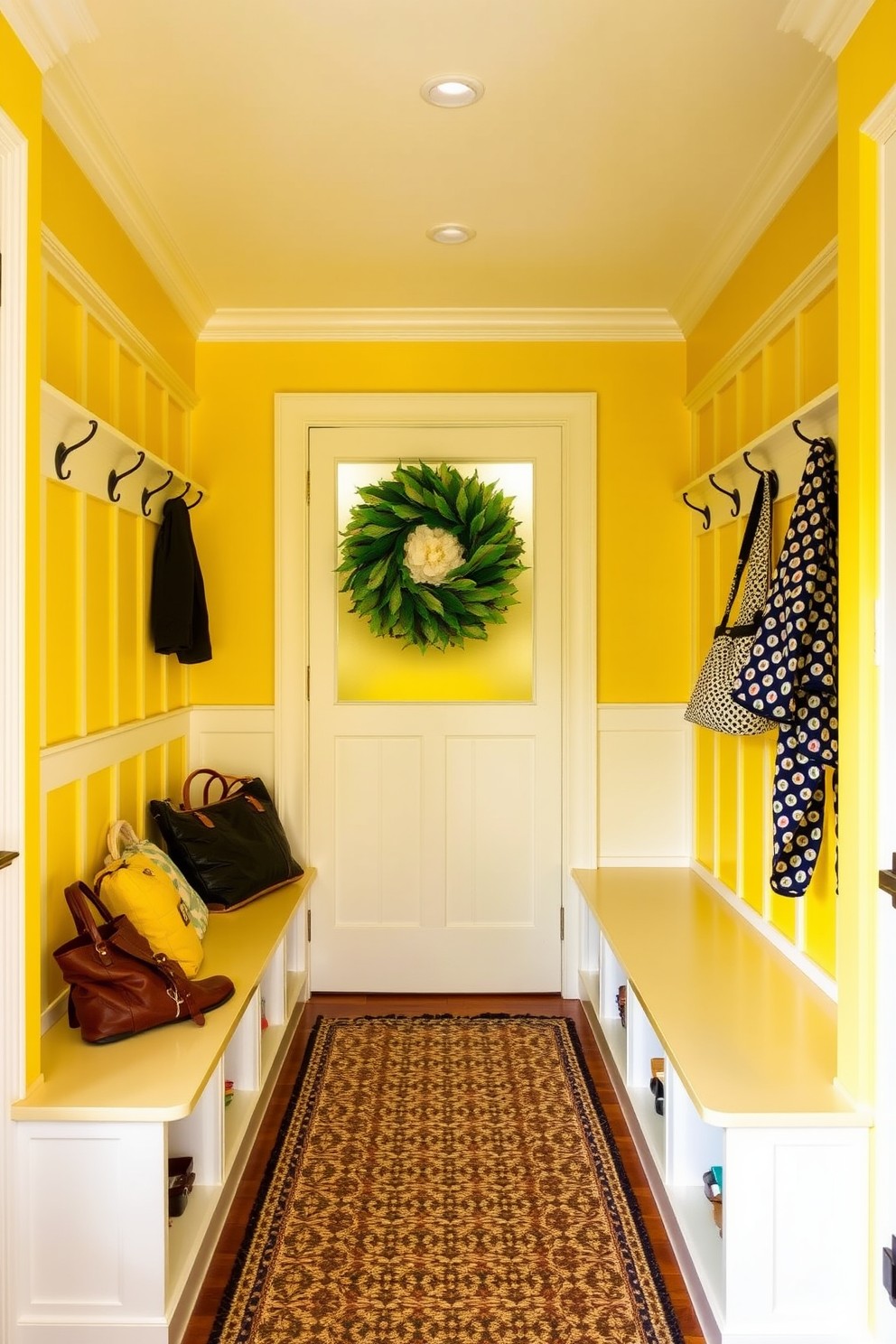 A bright and cheerful mudroom features yellow lockers lined against the wall, providing organized storage for shoes and outdoor gear. The space is enhanced by a durable tile floor and a bench with colorful cushions, creating a welcoming entryway.