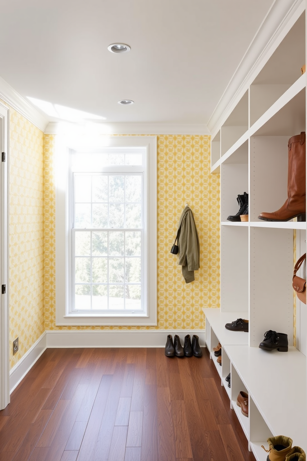 A bright and inviting mudroom features patterned yellow wallpaper that adds a cheerful touch to the space. Built-in shelves line one wall, providing ample storage for shoes and outdoor gear, creating a functional yet stylish environment.