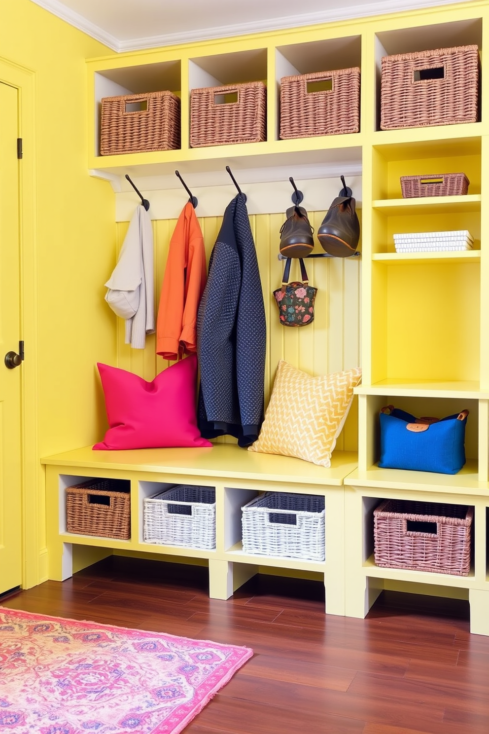 Cozy yellow bench with colorful cushions. The bench is positioned against a wall with hooks for hanging coats and bags, creating a welcoming atmosphere. Yellow mudroom design ideas. The space features a bright, cheerful color palette with ample storage solutions, including shelves and baskets for organization.