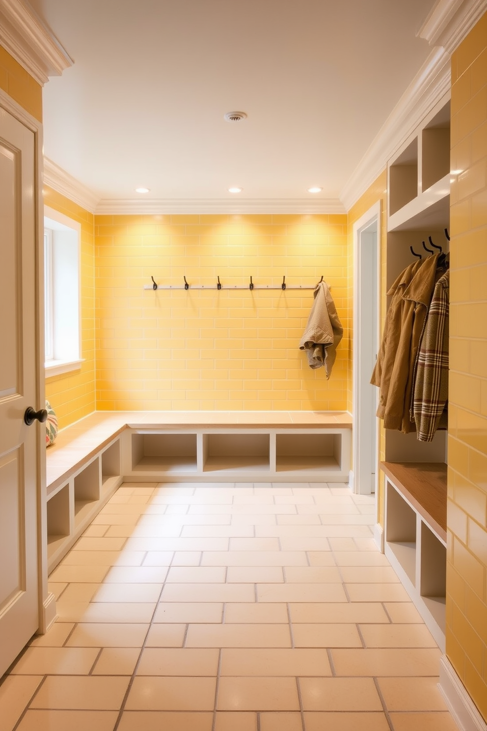 A welcoming mudroom features a yellow patterned area rug that adds a cheerful touch to the space. The walls are painted in a soft white hue, complemented by built-in wooden benches and hooks for storage.