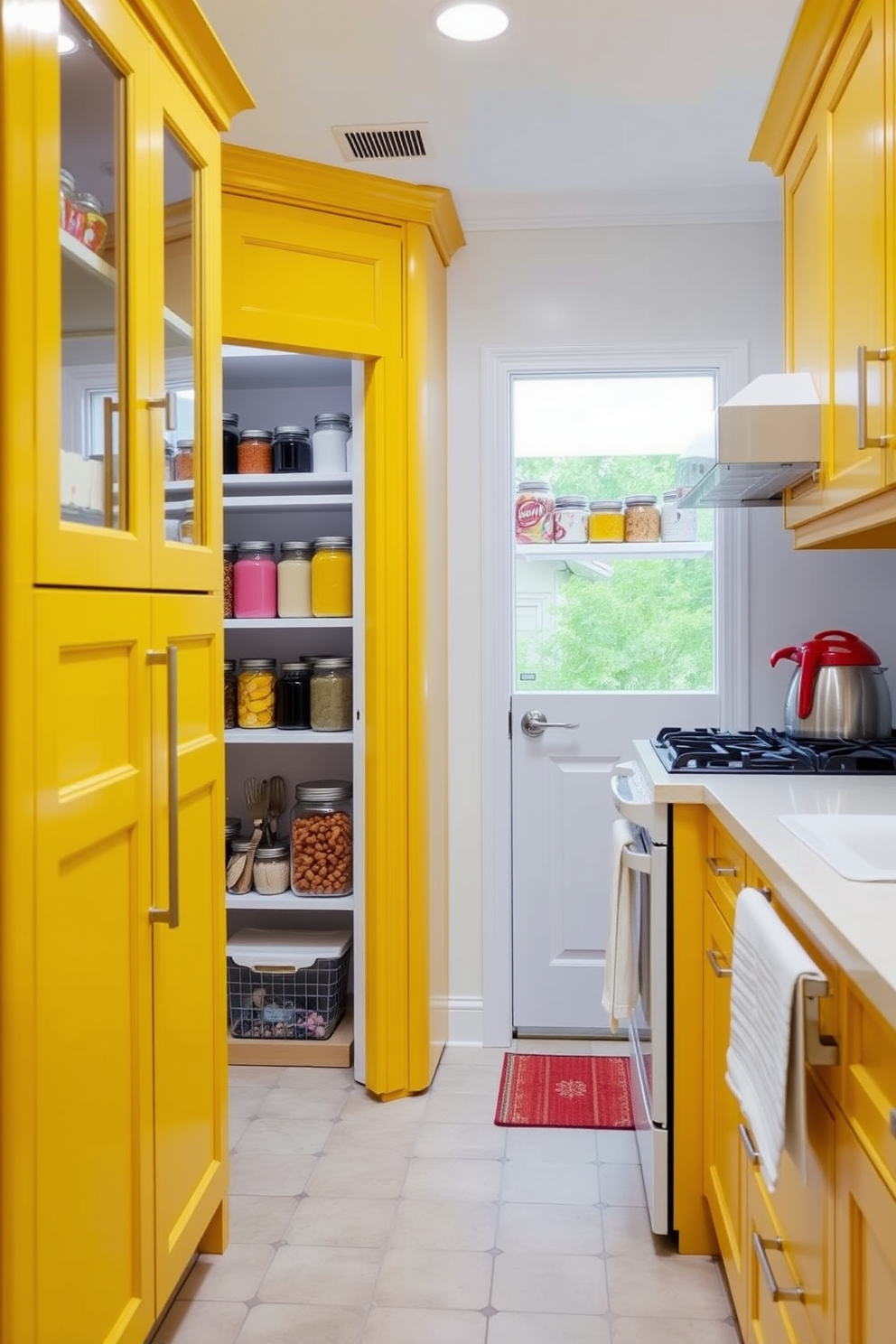 A bright and cheerful kitchen features sunny yellow cabinets that create a warm and inviting atmosphere. The pantry is designed with open shelves showcasing colorful jars and neatly organized kitchen essentials, enhancing both functionality and aesthetics.